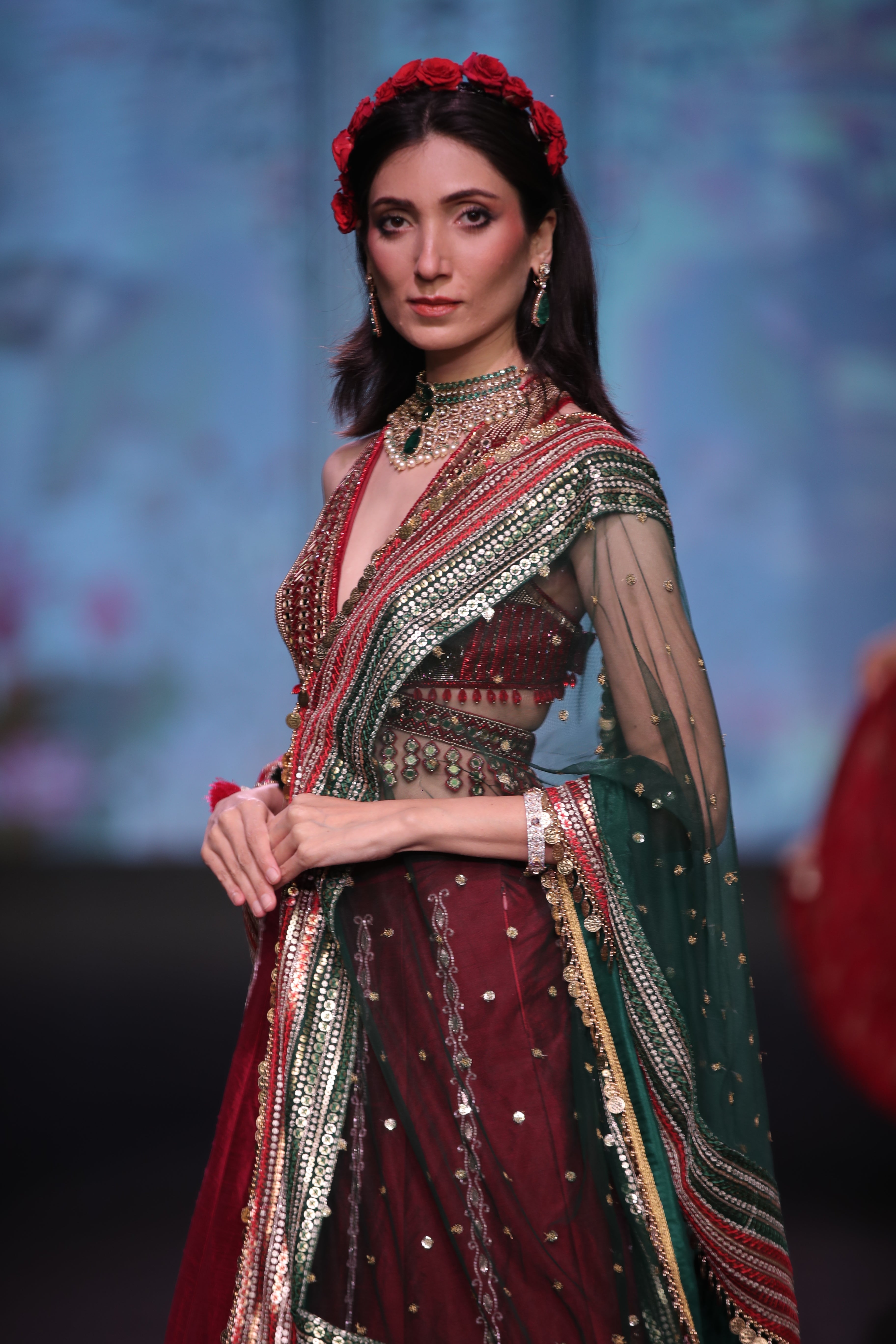 Maroon raw silk embroidered lehenga set