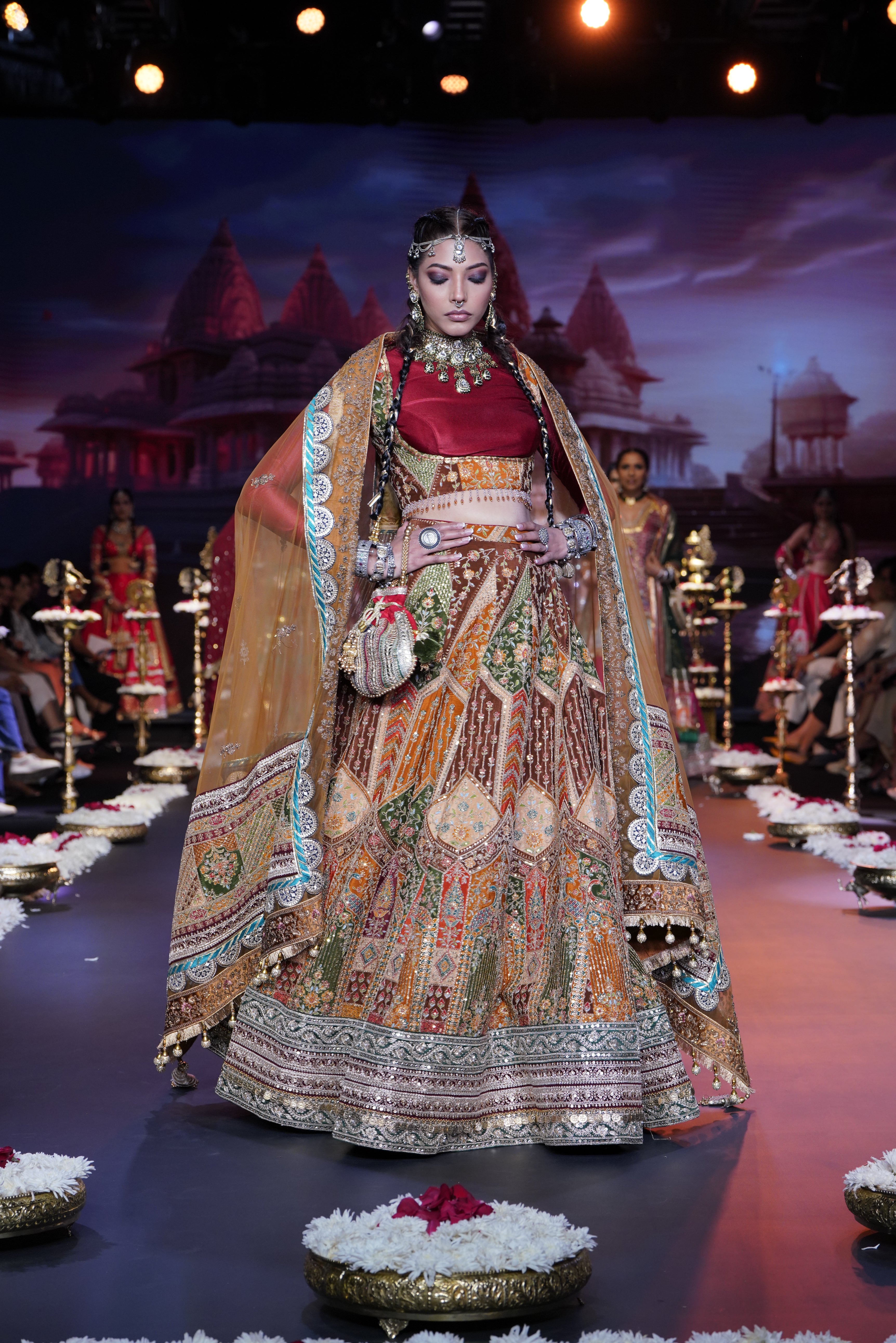Dual tone red and multi color embroidered lehenga set