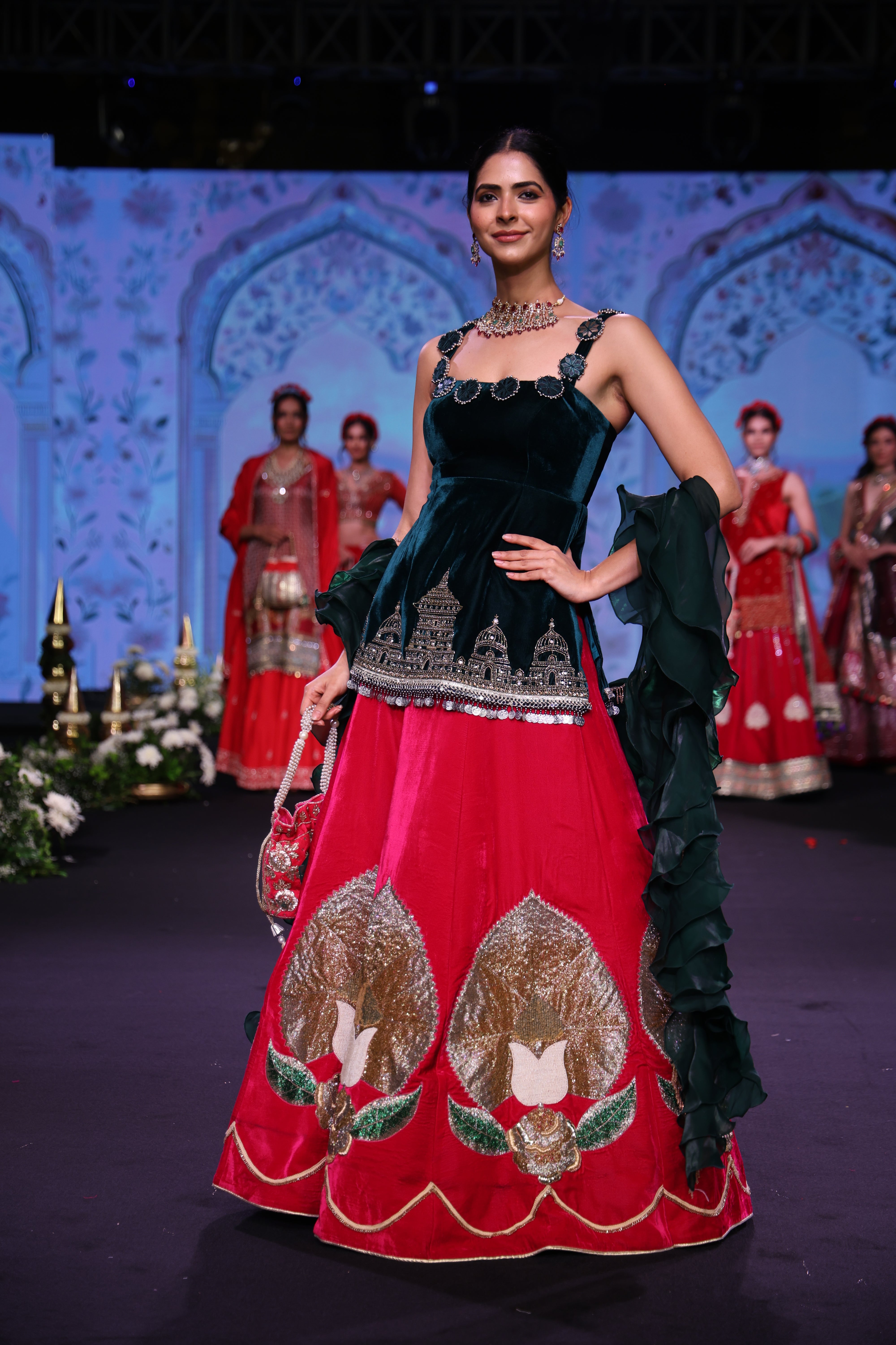 Dual tone green and pink ram mandir inspired lehenga set
