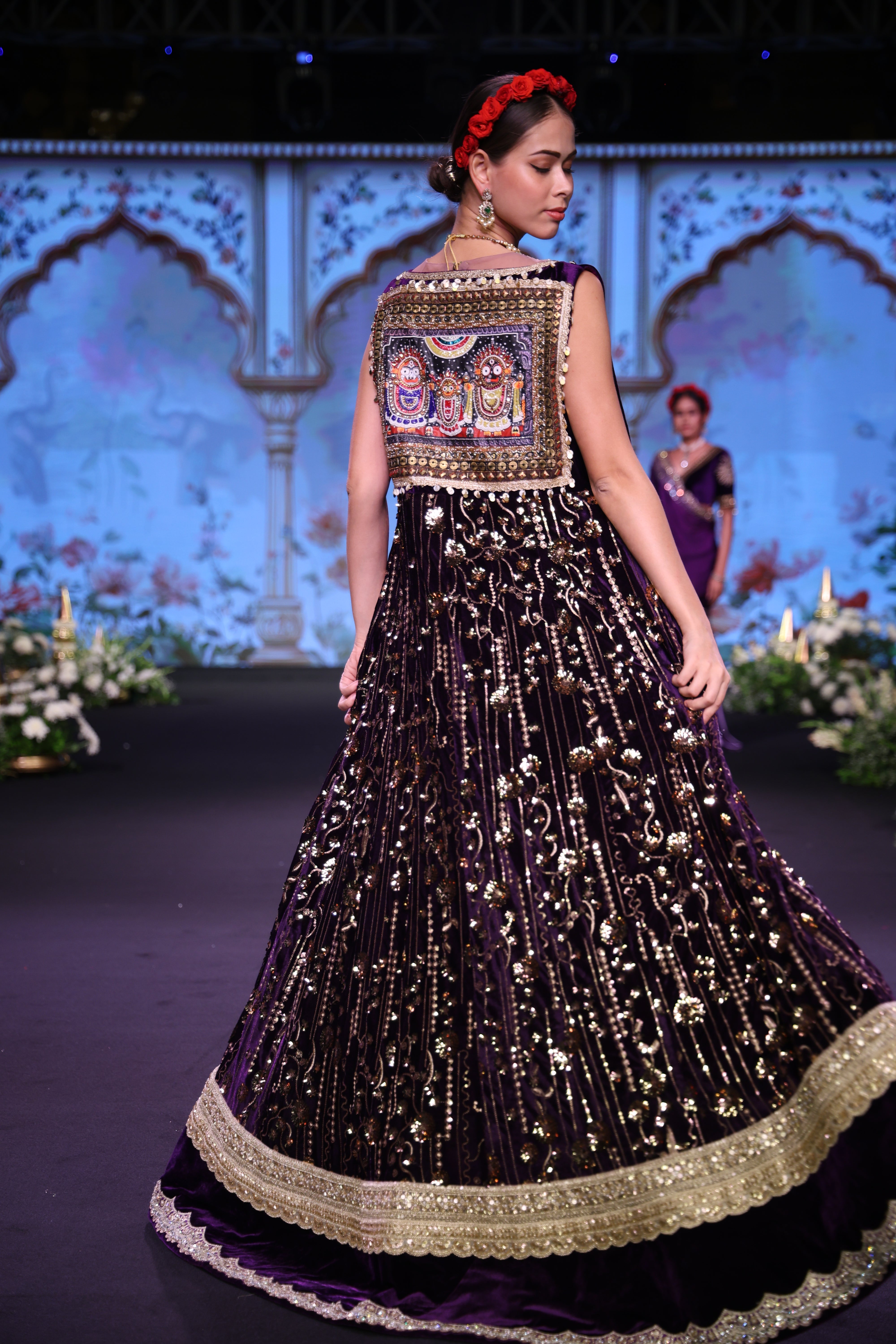 Two toned purple and light gold embroidered three – piece set