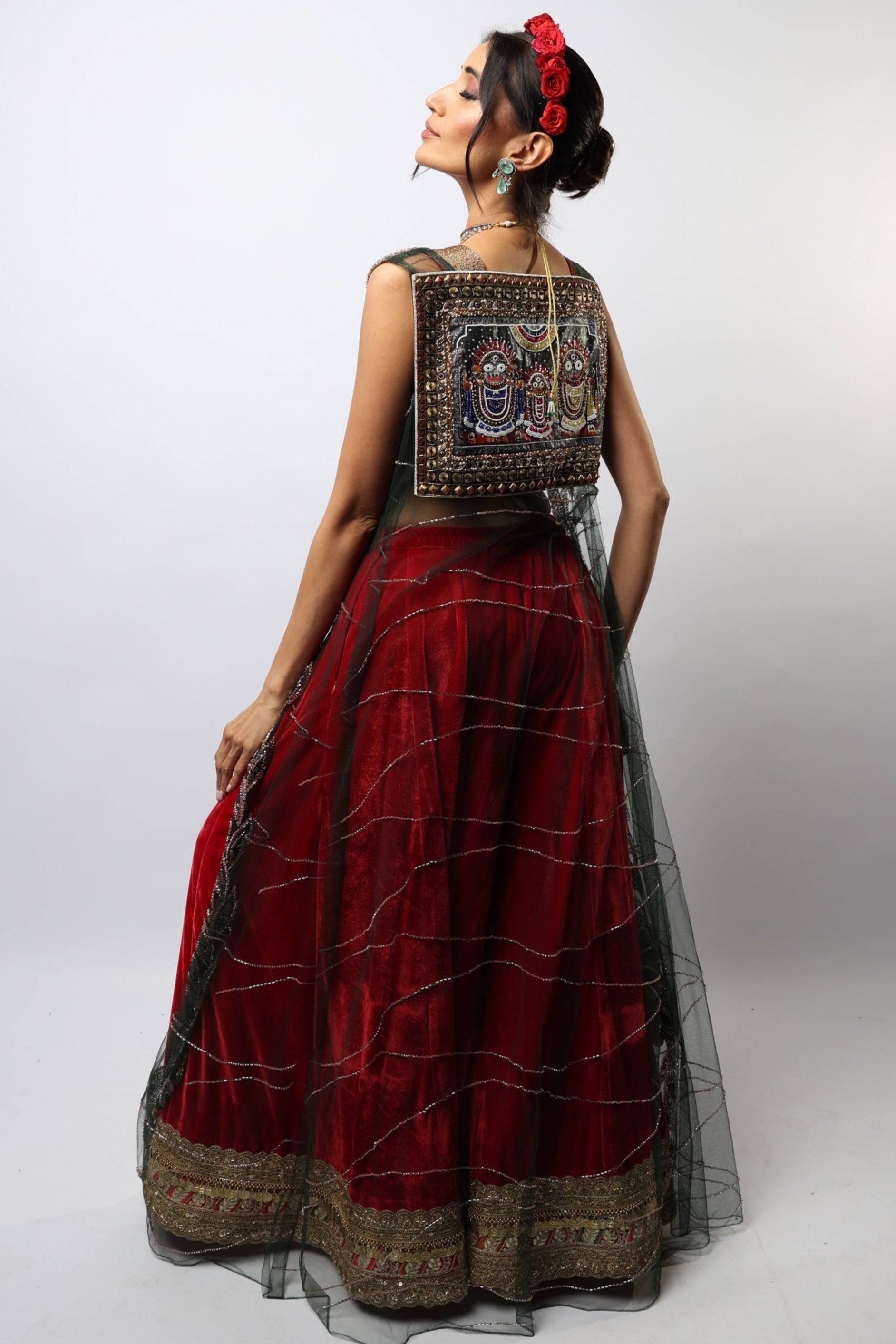 Red palazzo set and cape with jaganath embroidered print