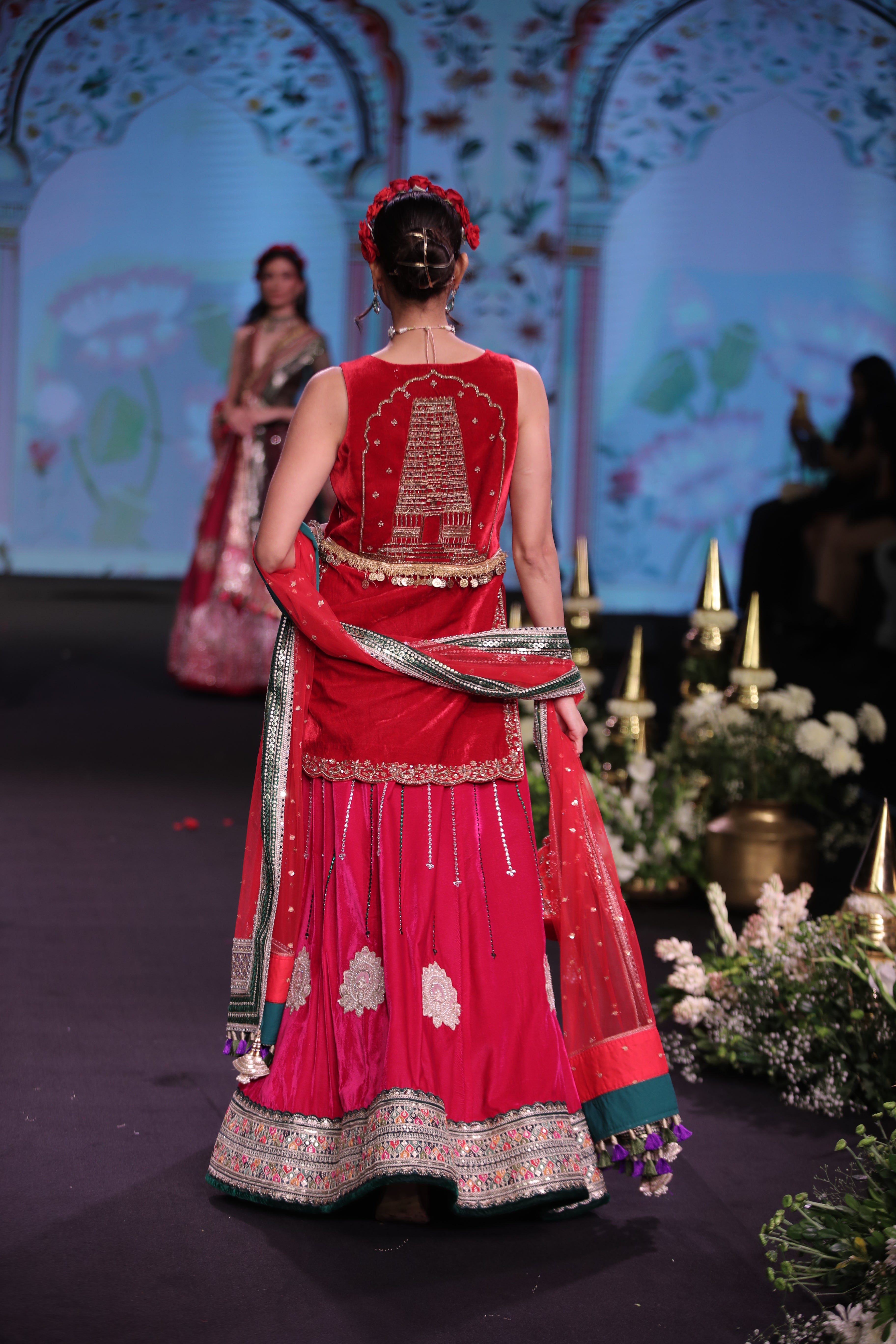 Dual tone red and pink applique work lehenga set