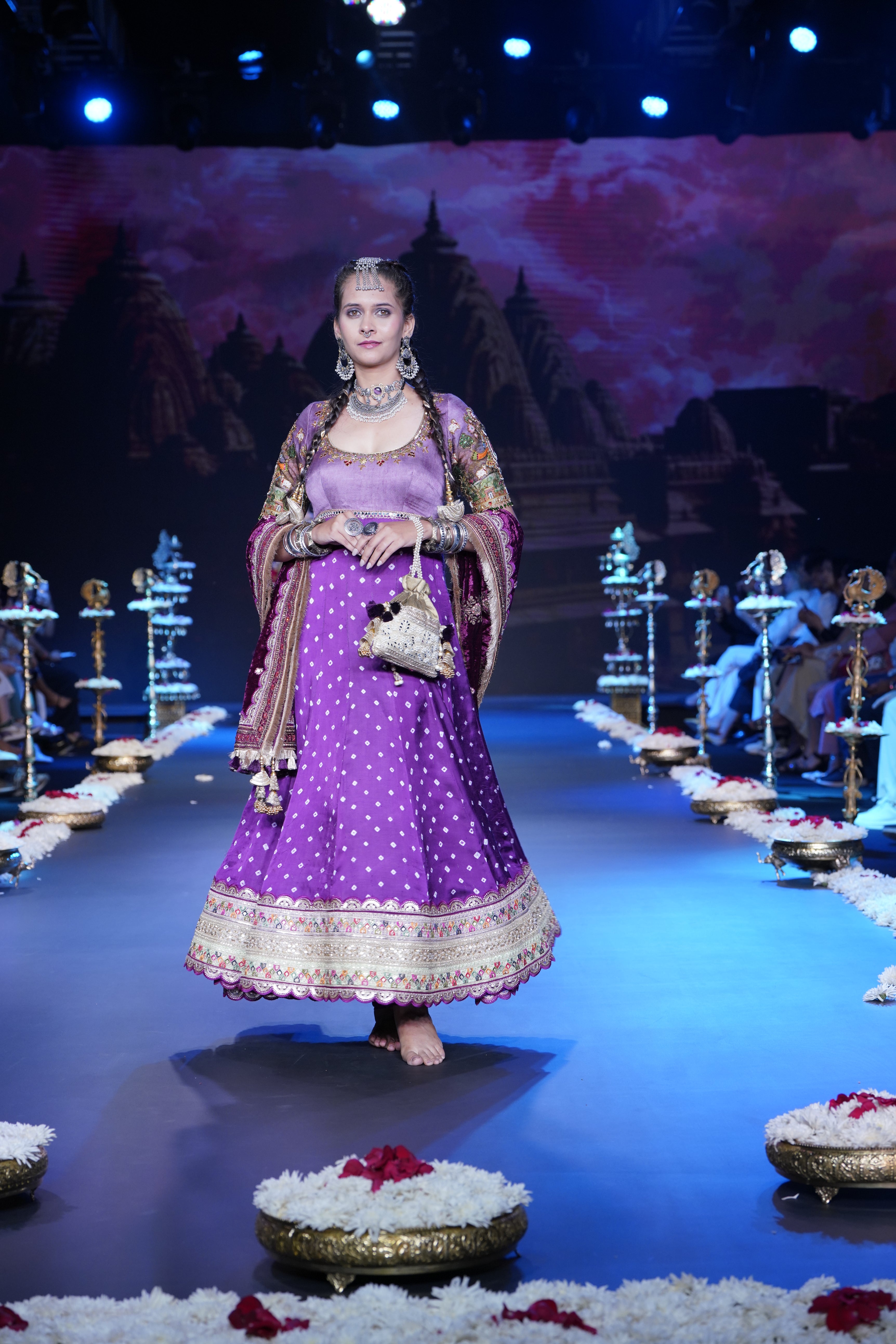 Bandhani Anarkali set with srinathji print on sleeves