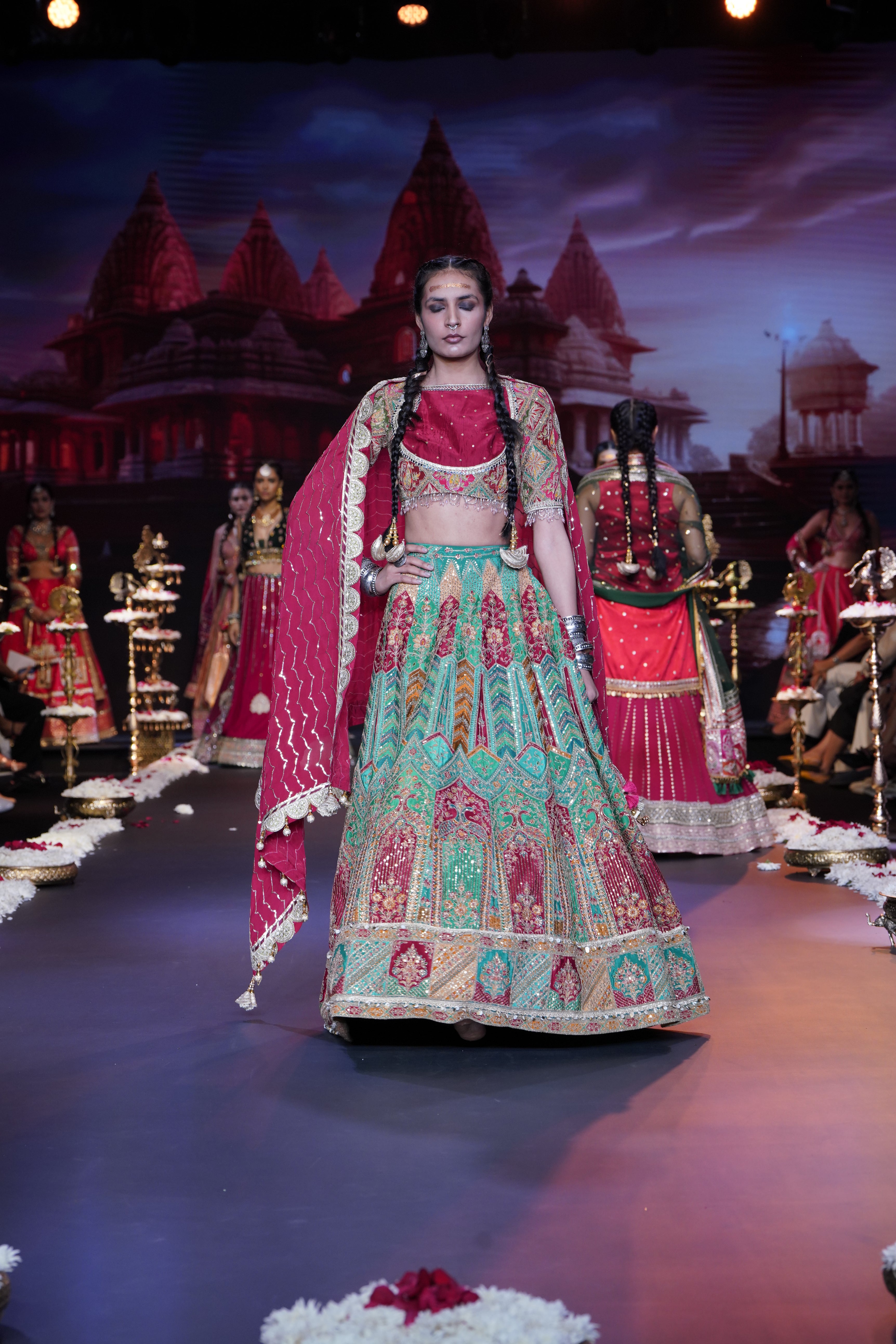 Red- Multi color raw silk embroidered lehenga set