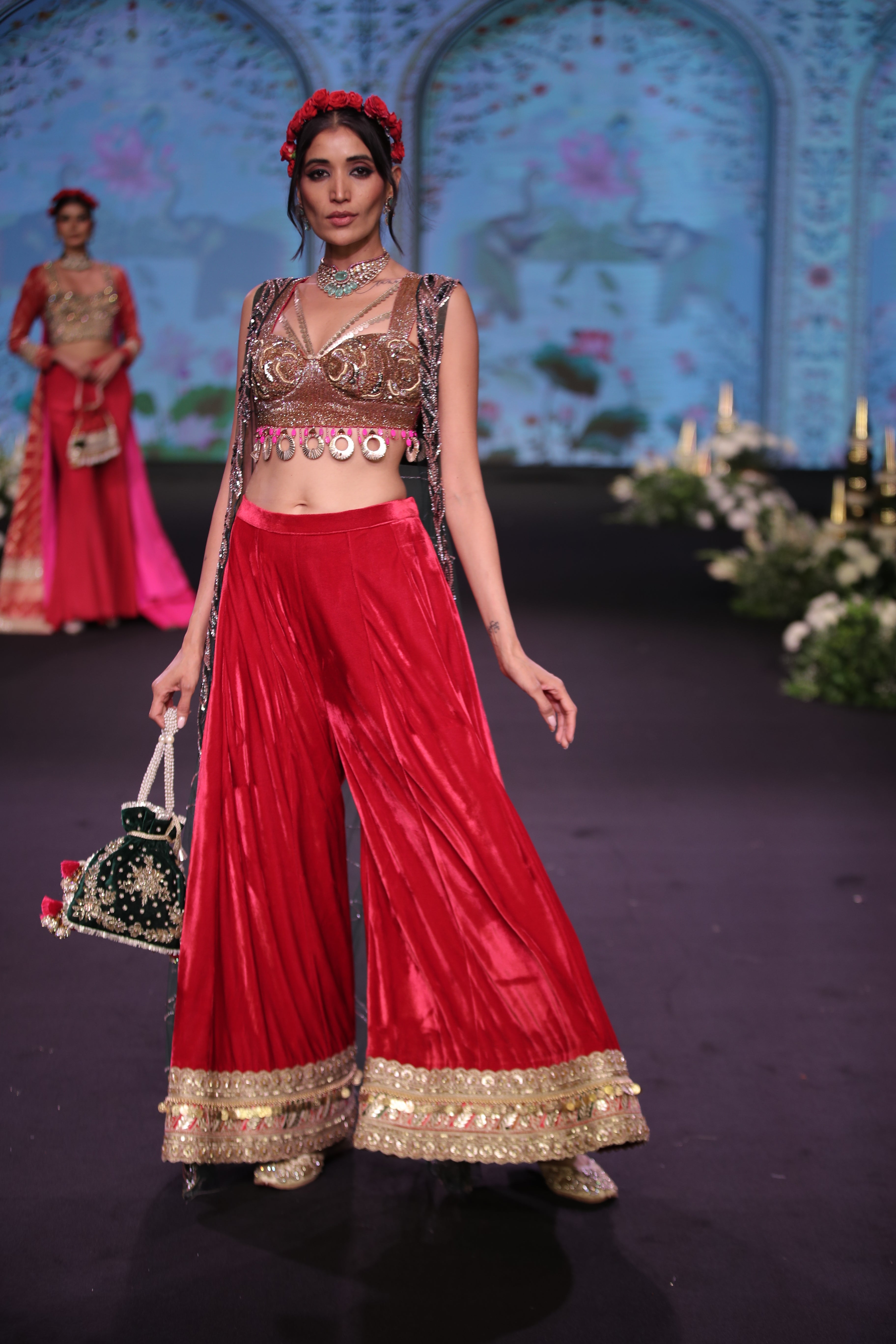 Red palazzo set and cape with jaganath embroidered print