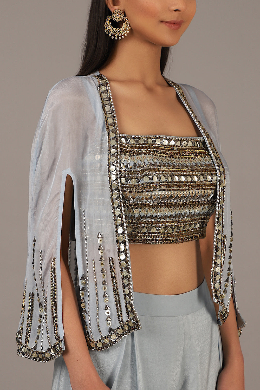 Aqua Embroidered Bustier Pallazo Cape Set | Nidhika Shekhar