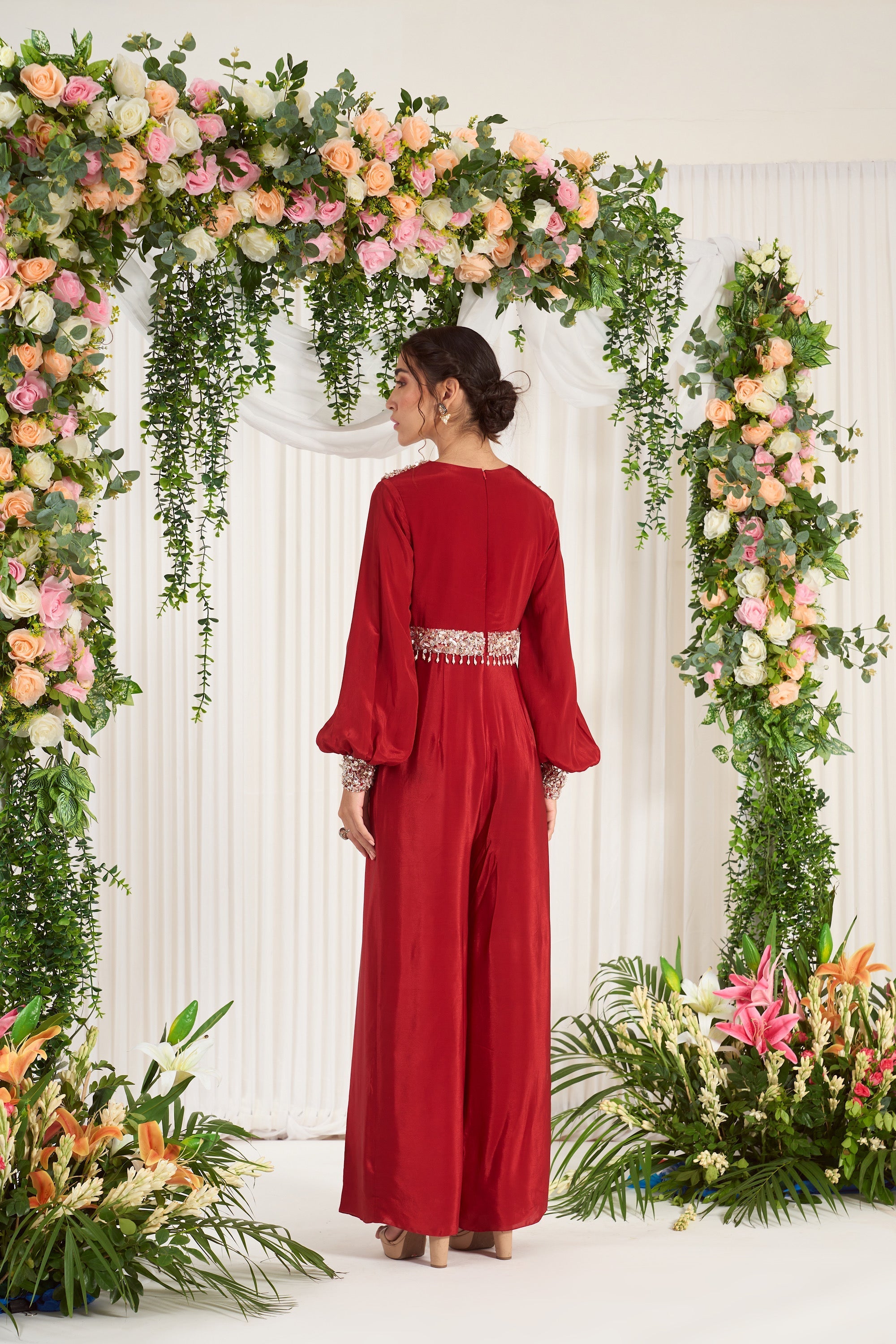 Designer Red Starry Embroidered Jumpsuit