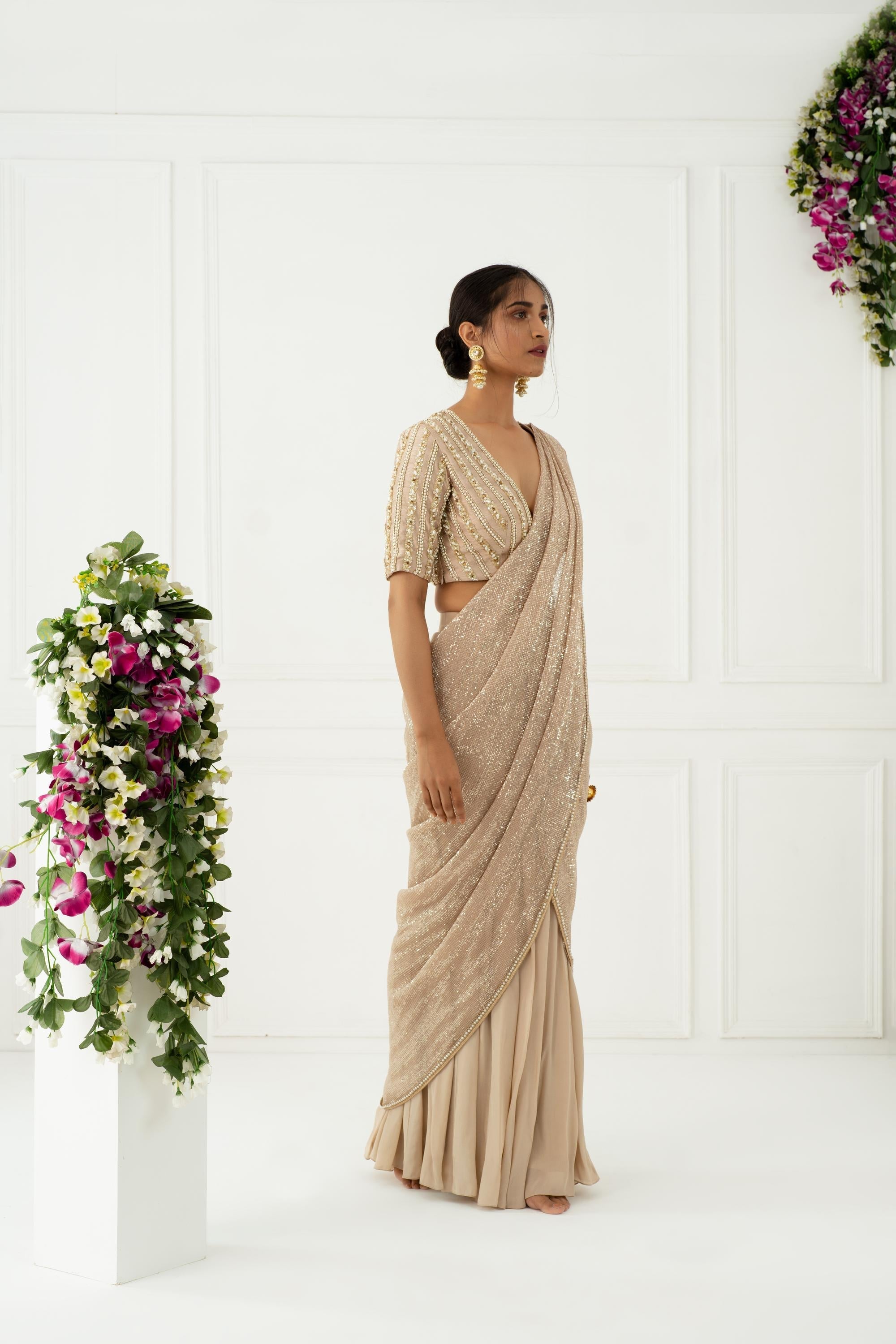 Buy Women's Designer Beige Drape Saree Set