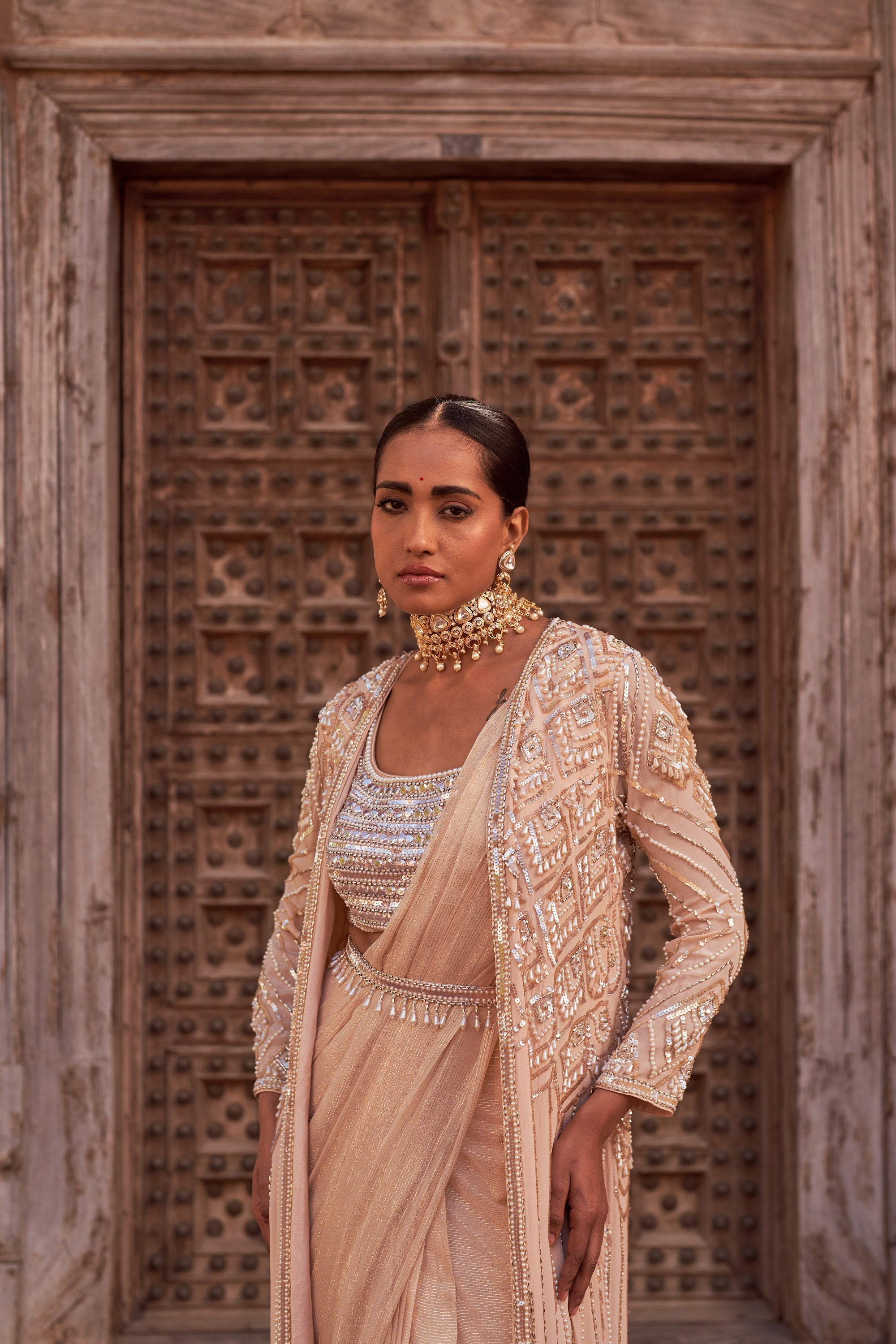 Buy Champagne Embroidered Drape Saree Set | Nidhika Shekhar
