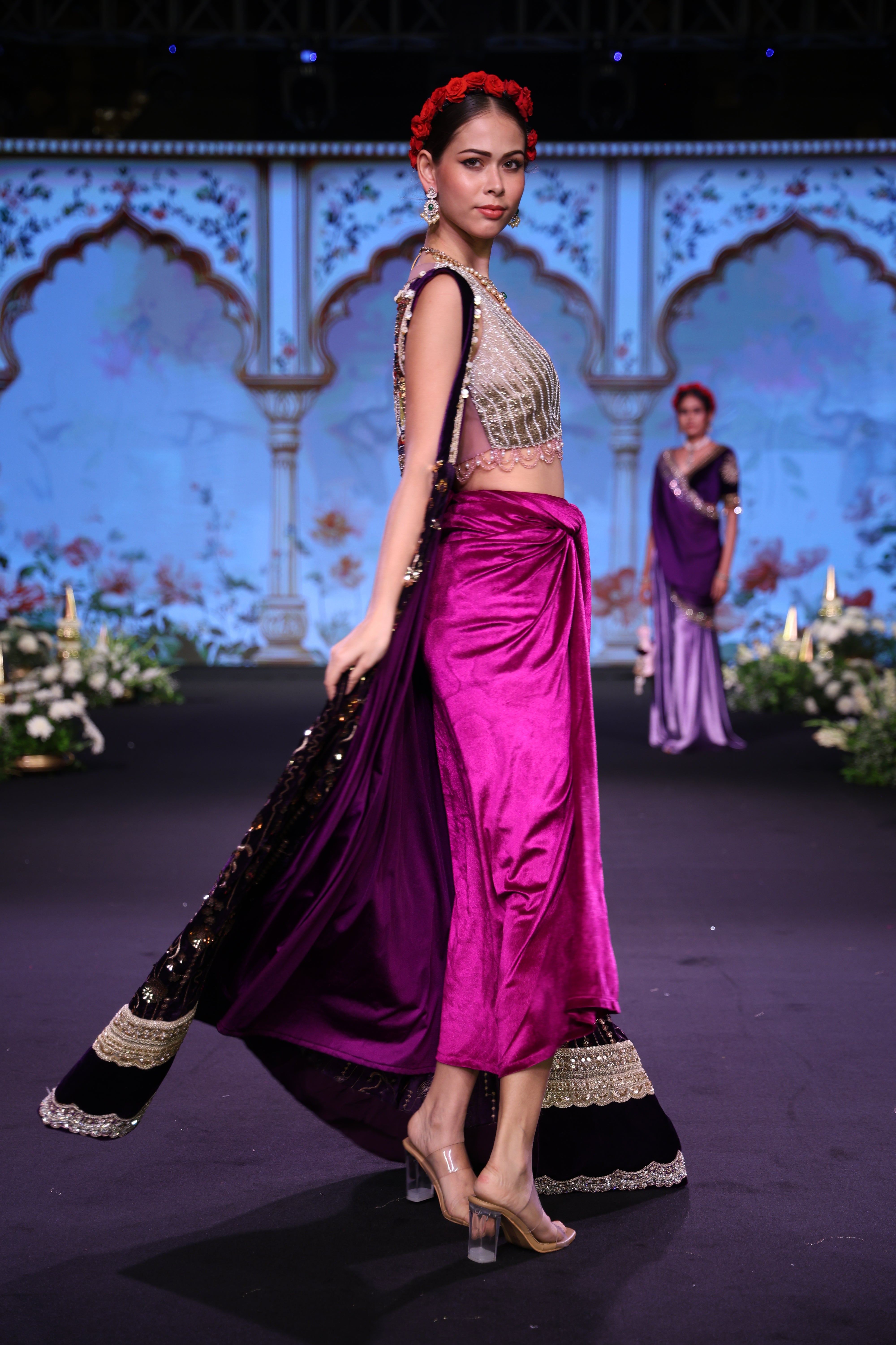 Two toned purple and light gold embroidered three – piece set