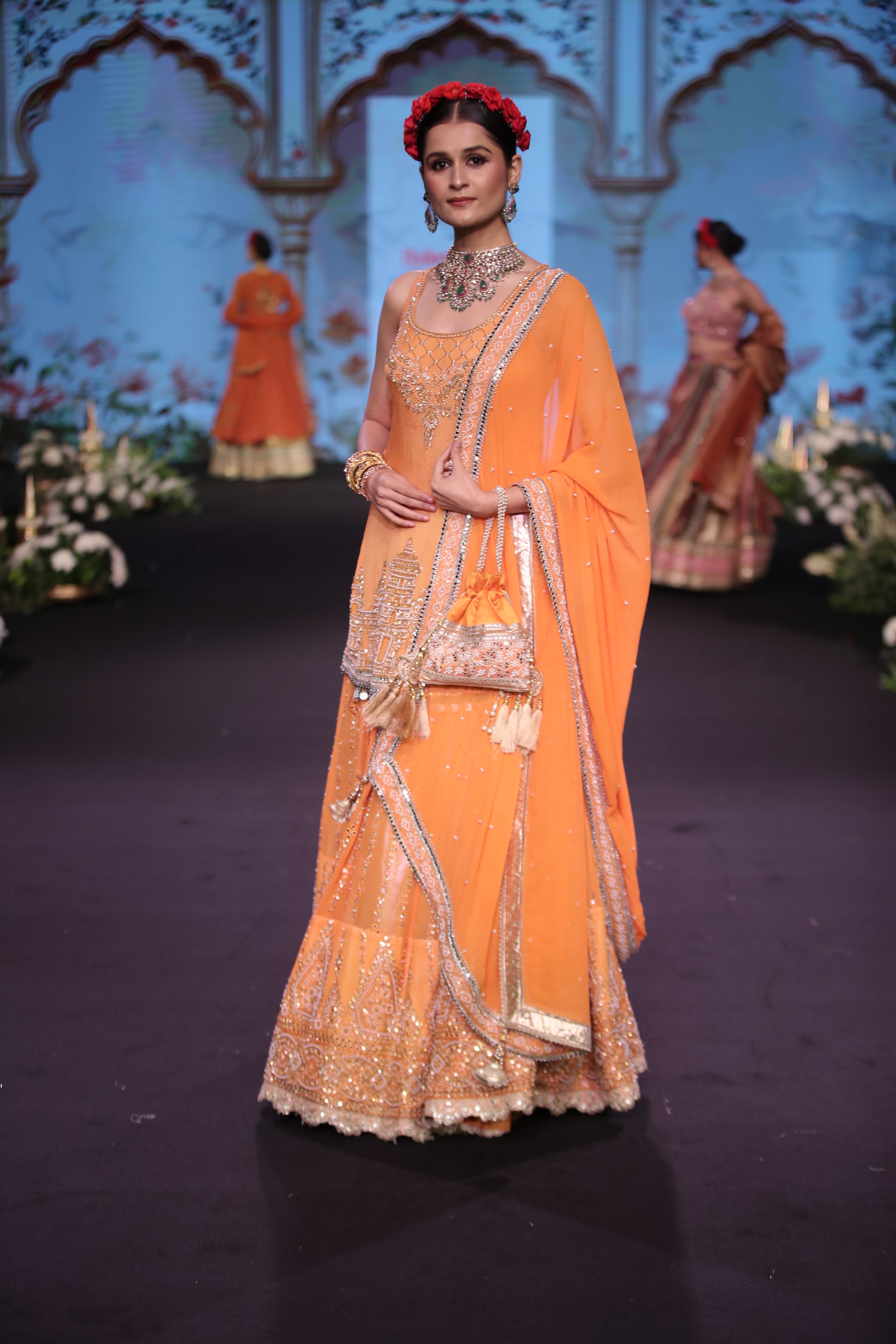 Orange ram mandir inspired embroidered lehenga set