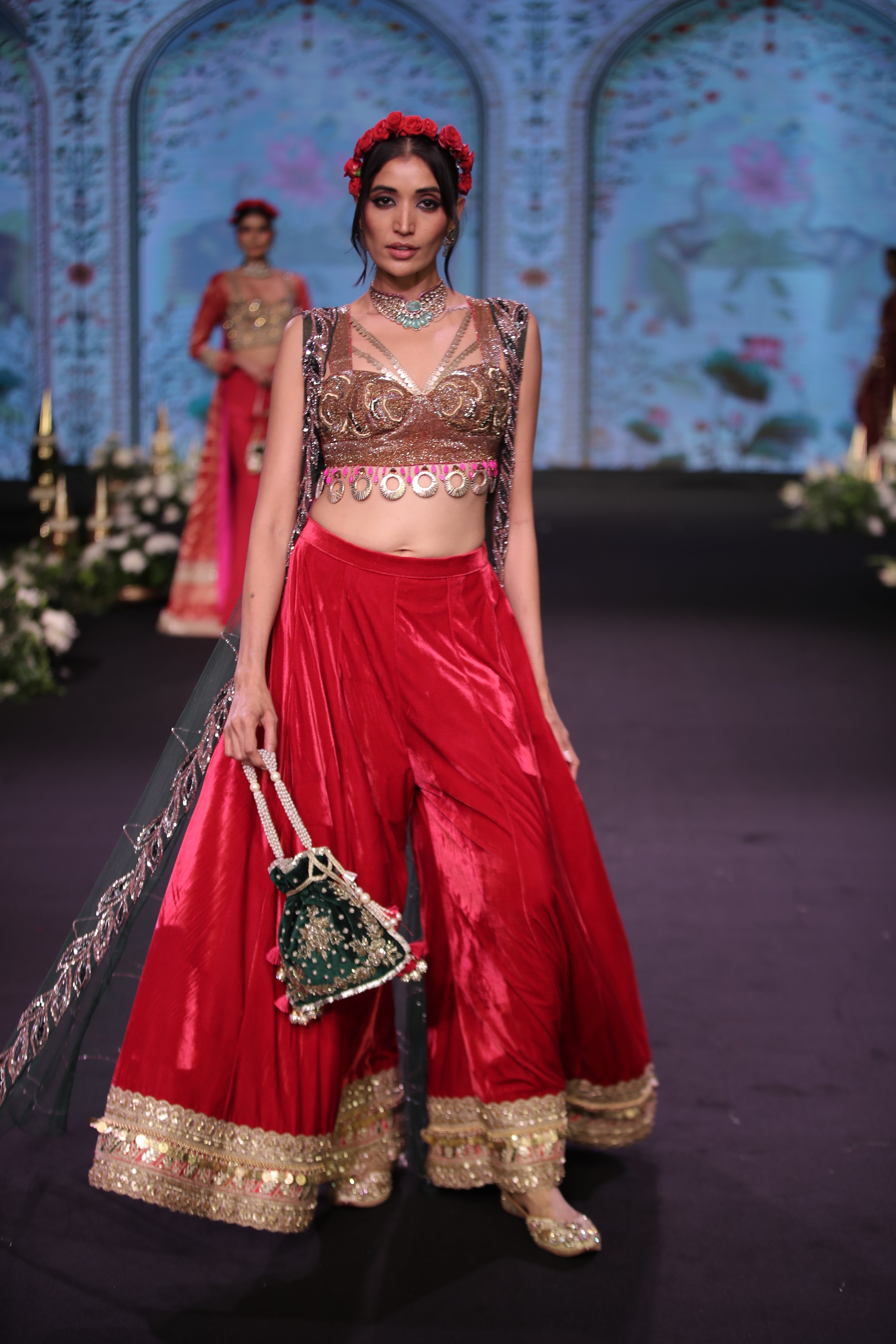 Red palazzo set and cape with jaganath embroidered print