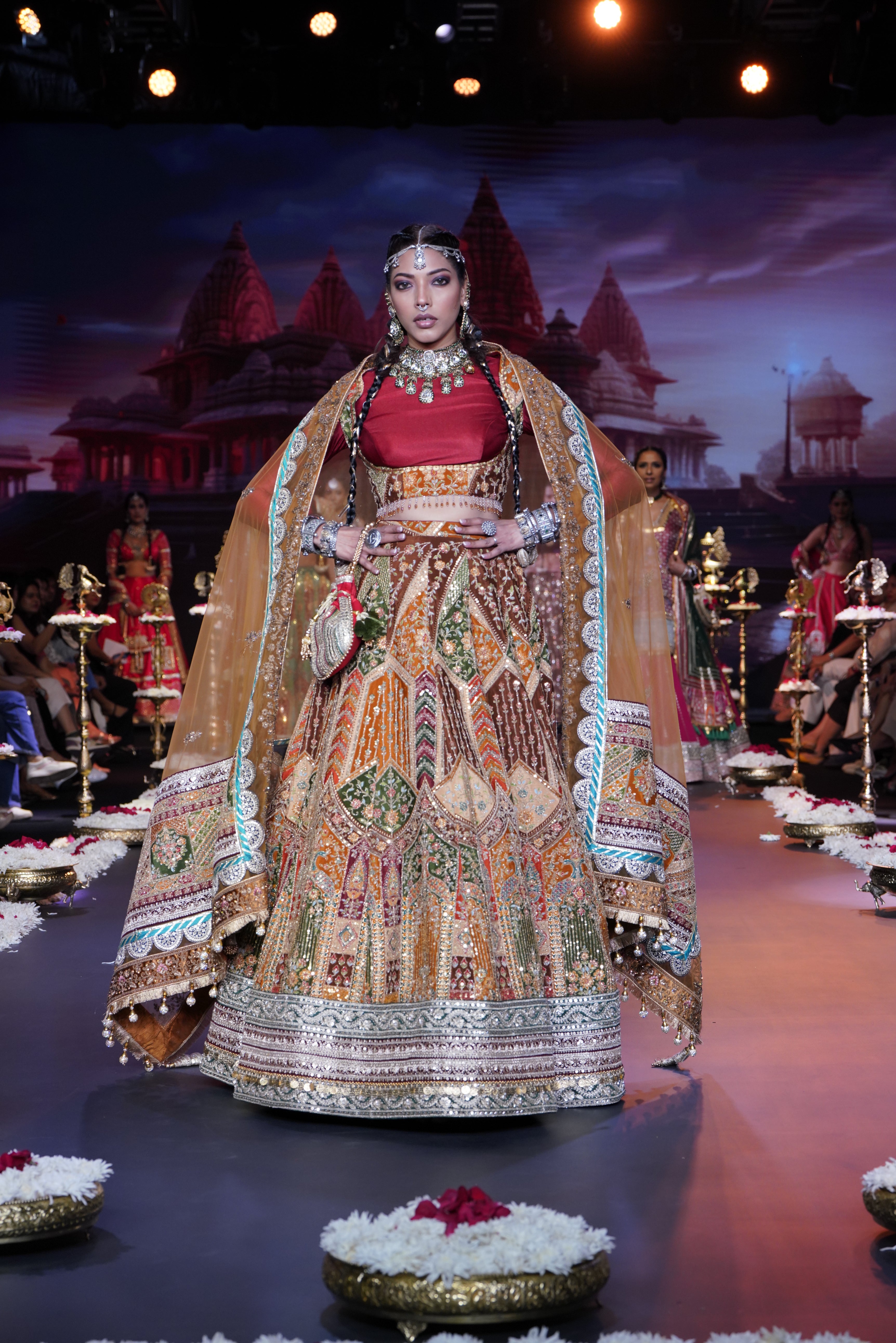 Dual tone red and multi color embroidered lehenga set