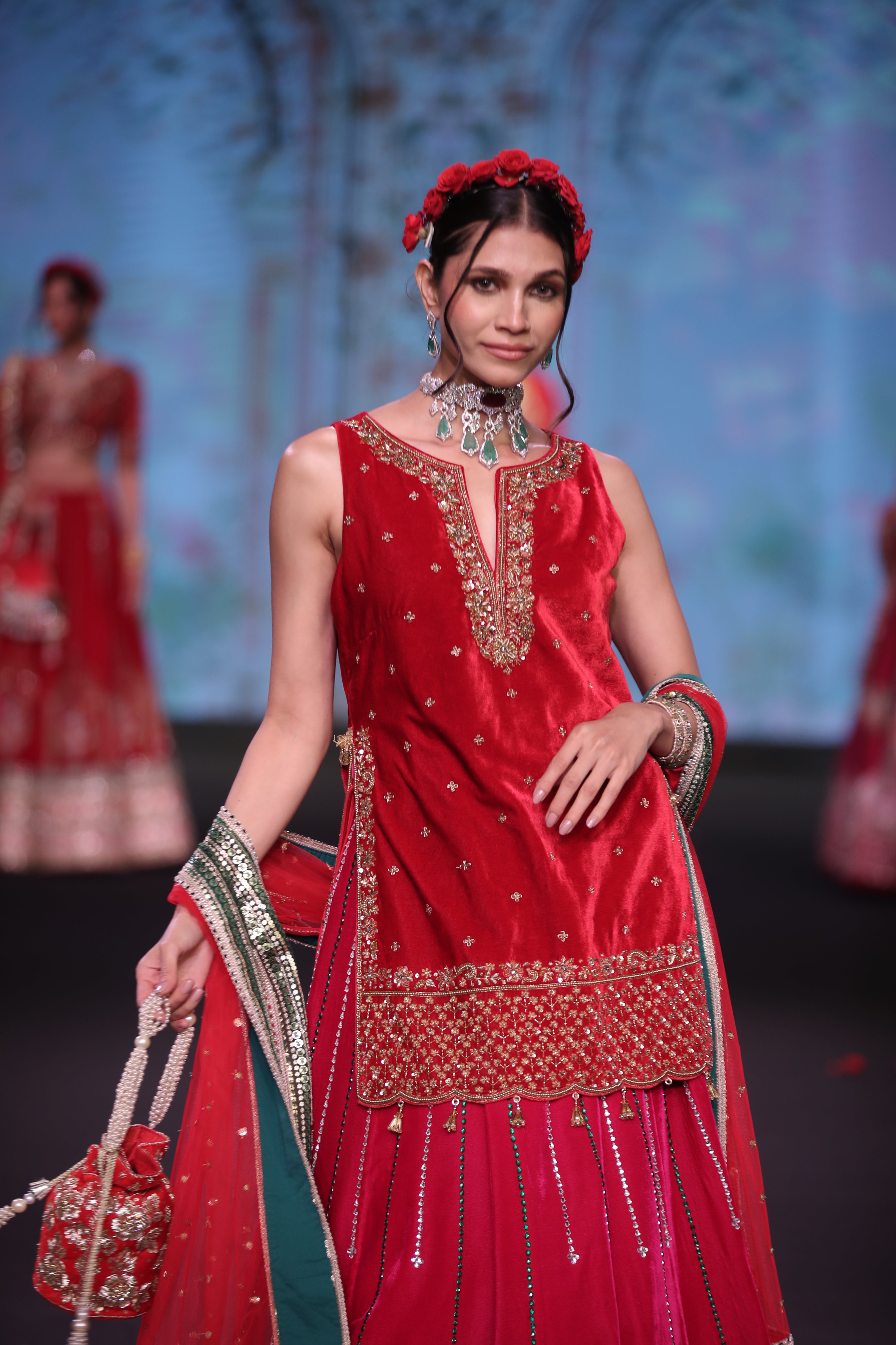 Dual tone red and pink applique work lehenga set