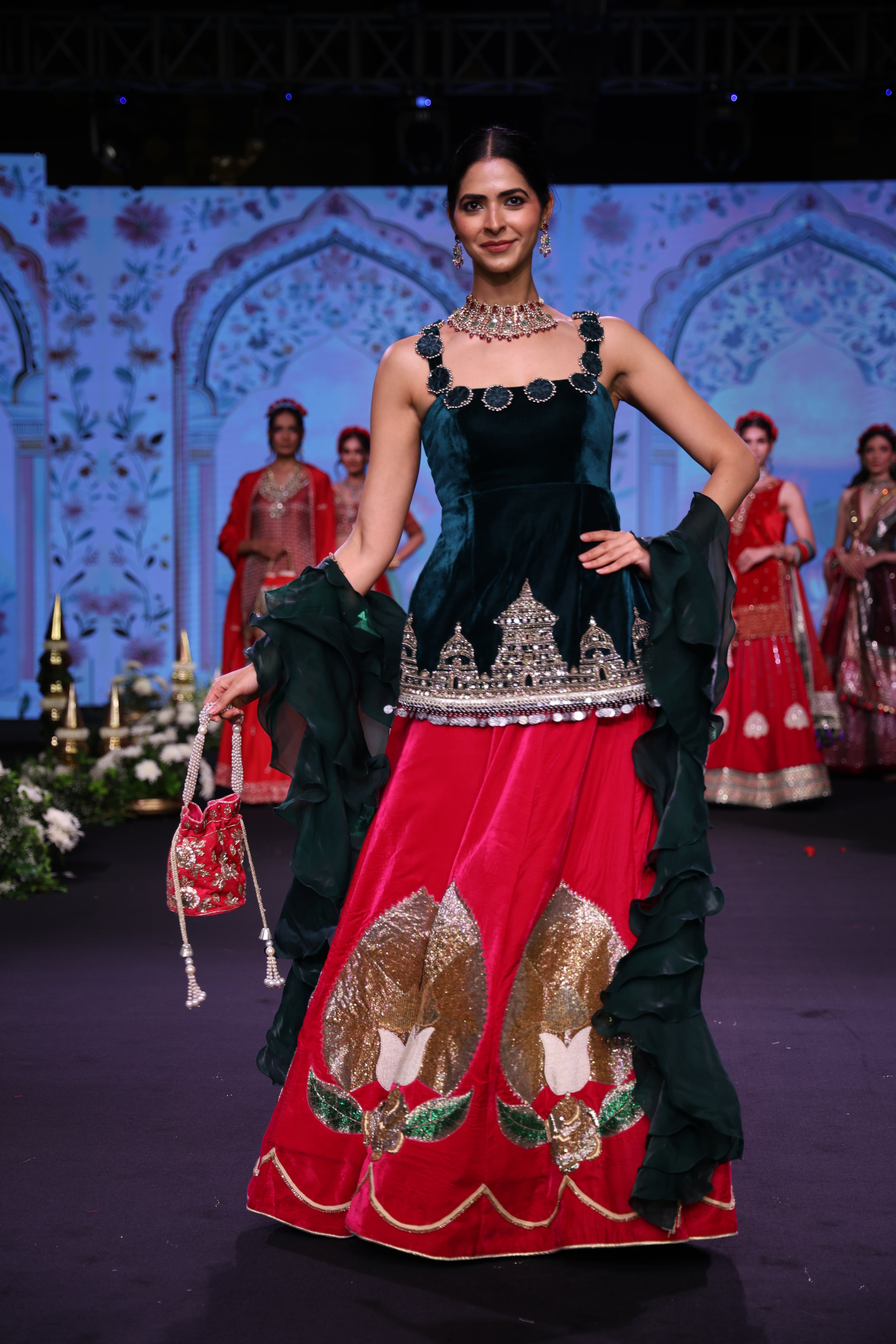 Dual tone green and pink ram mandir inspired lehenga set