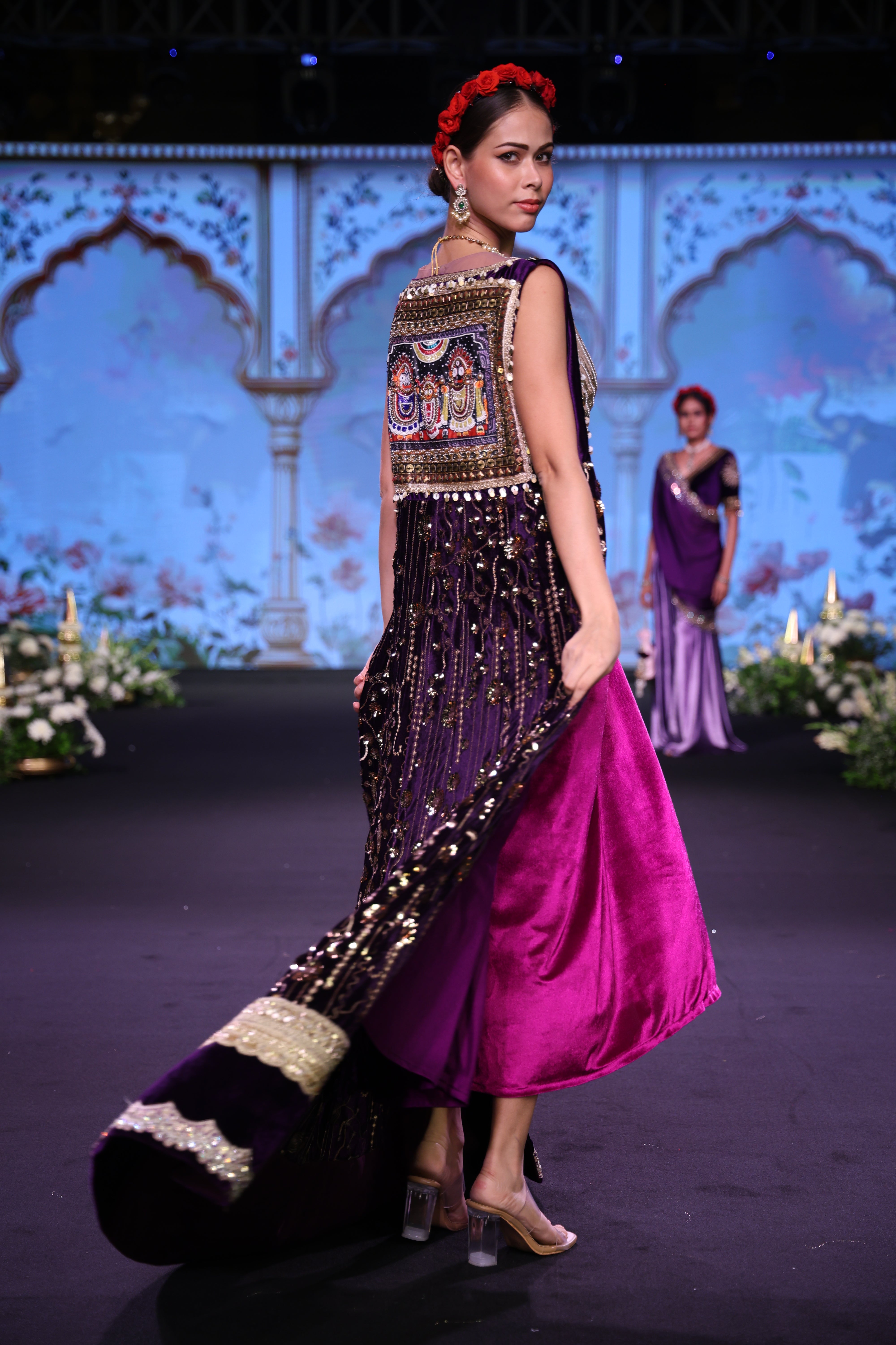 Two toned purple and light gold embroidered three – piece set