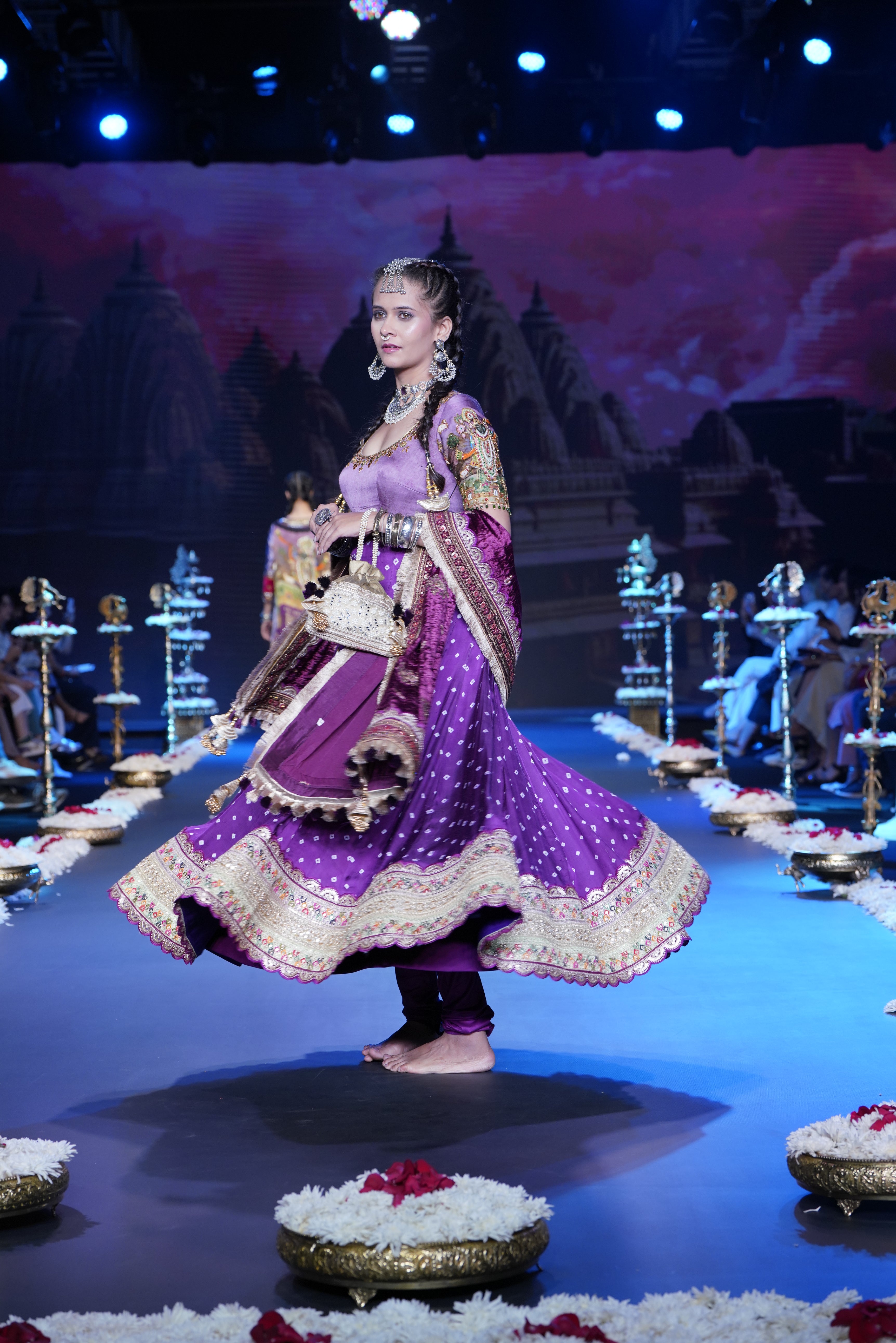 Bandhani Anarkali set with srinathji print on sleeves
