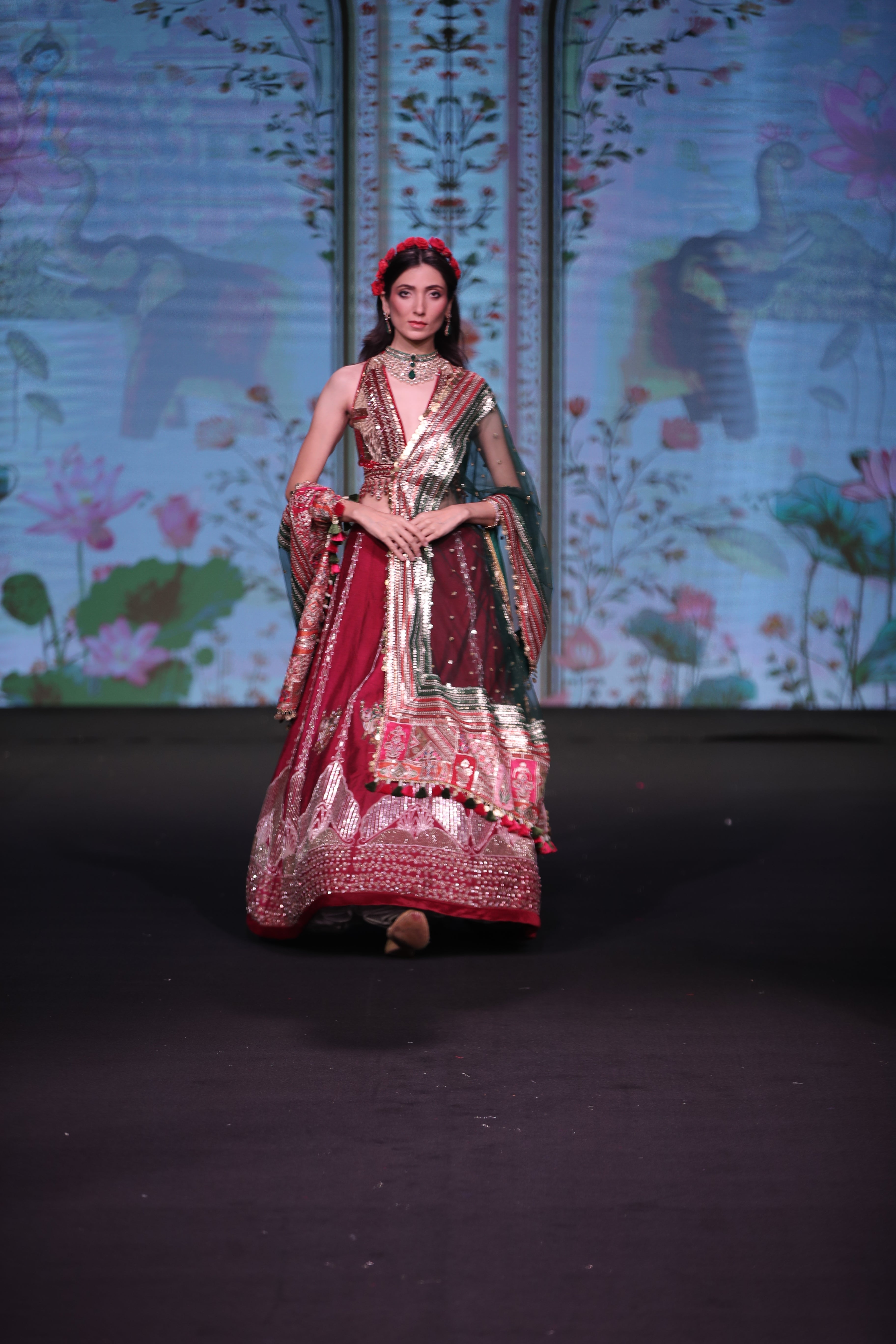 Maroon raw silk embroidered lehenga set