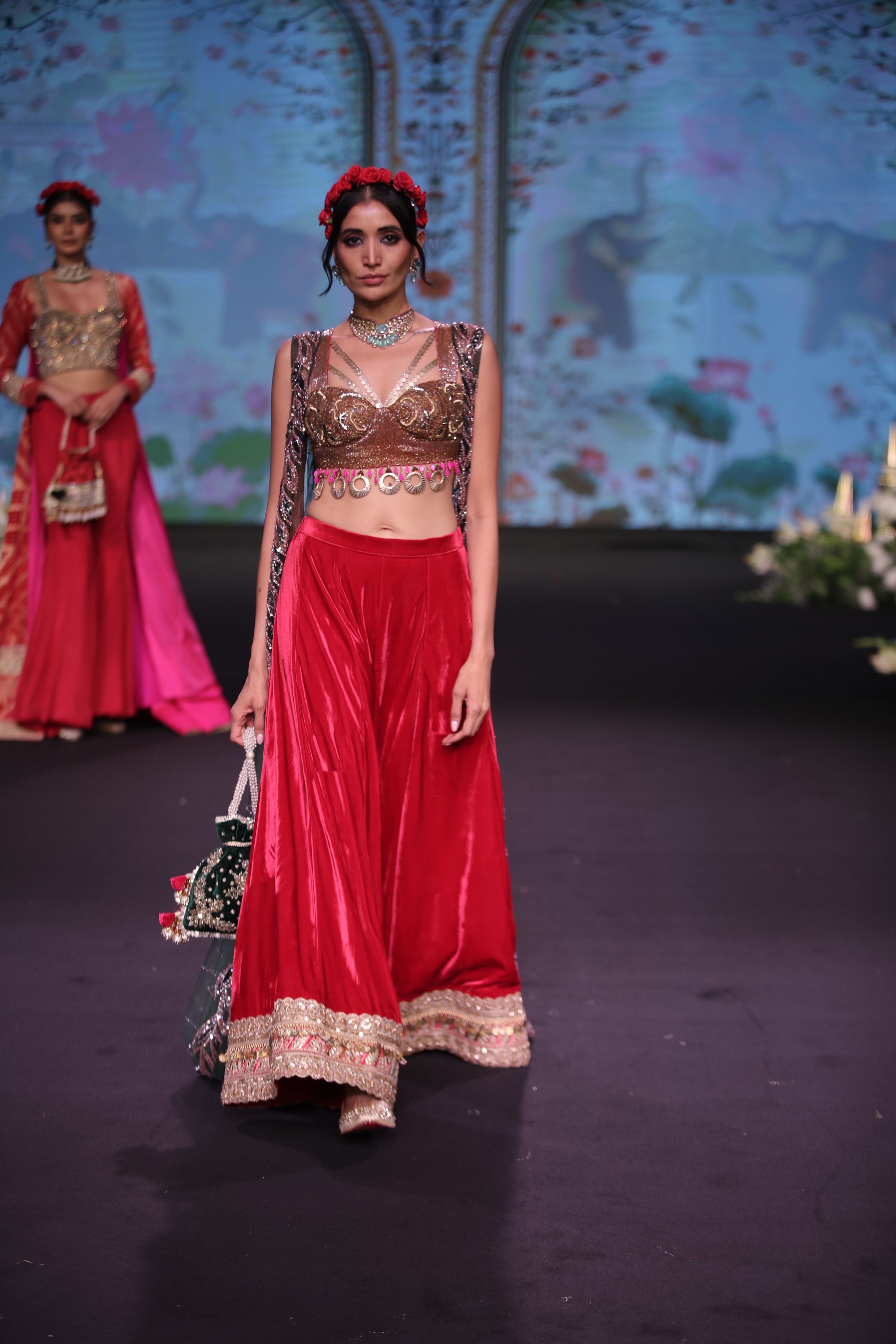 Red palazzo set and cape with jaganath embroidered print