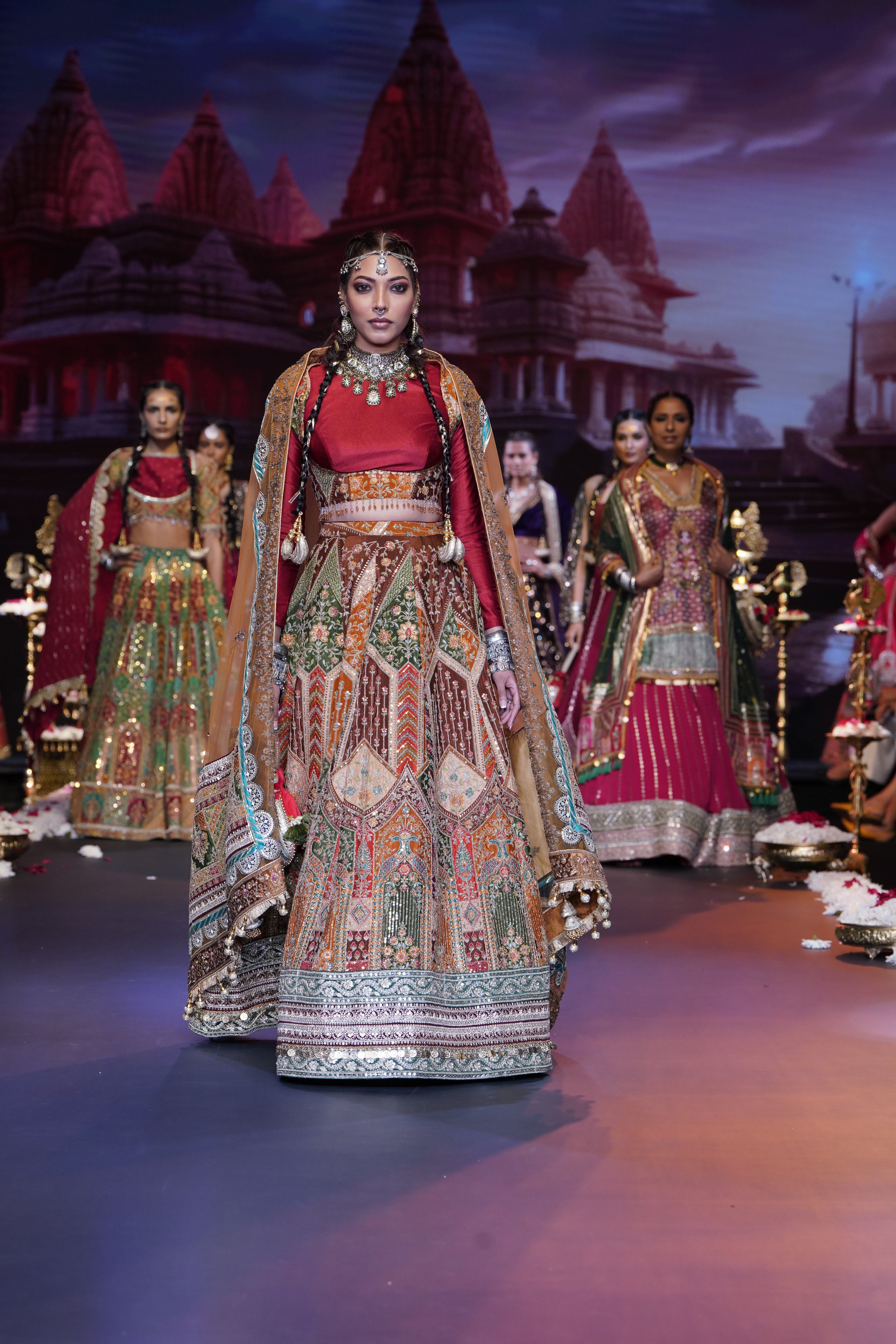 Dual tone red and multi color embroidered lehenga set