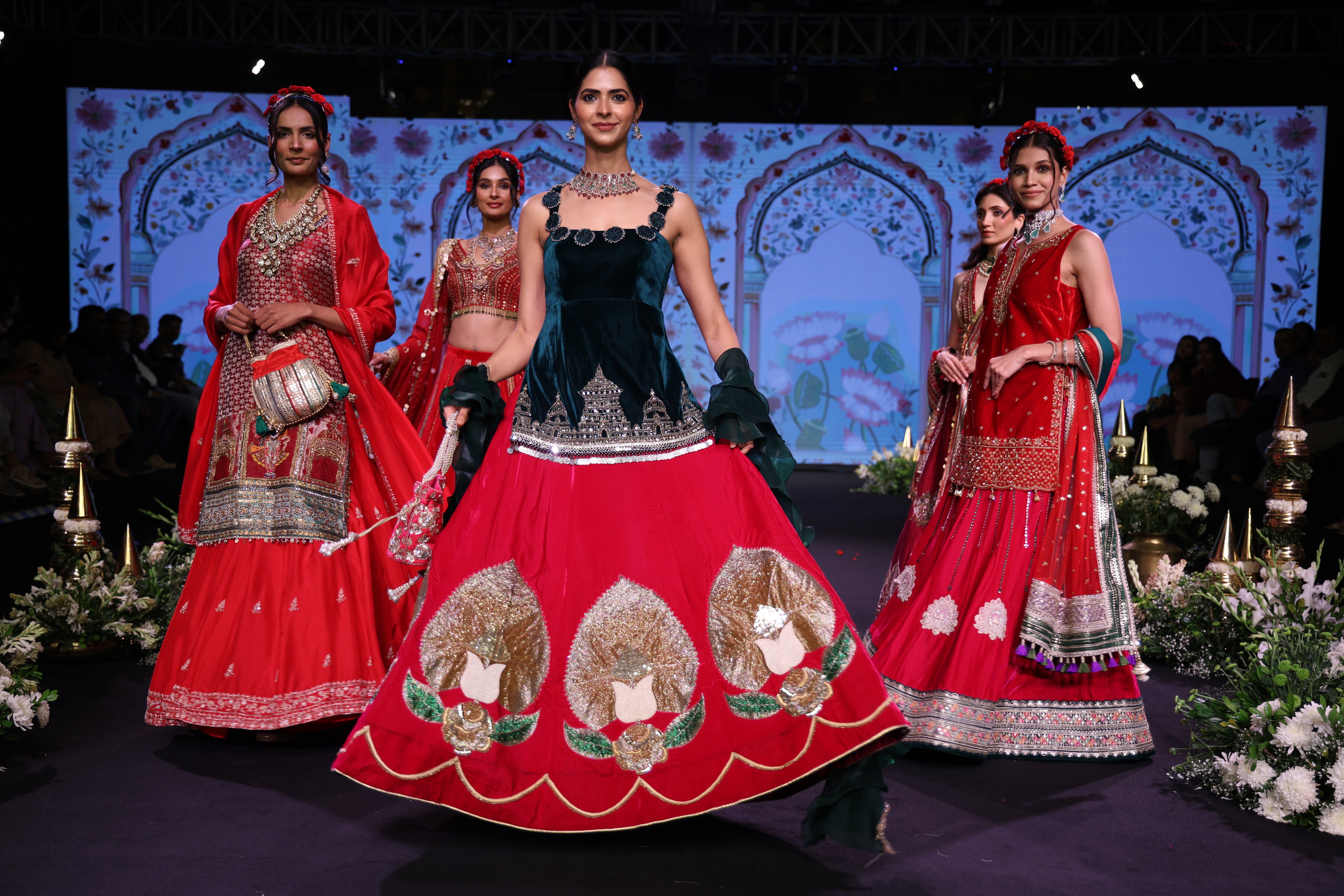 Dual tone green and pink ram mandir inspired lehenga set