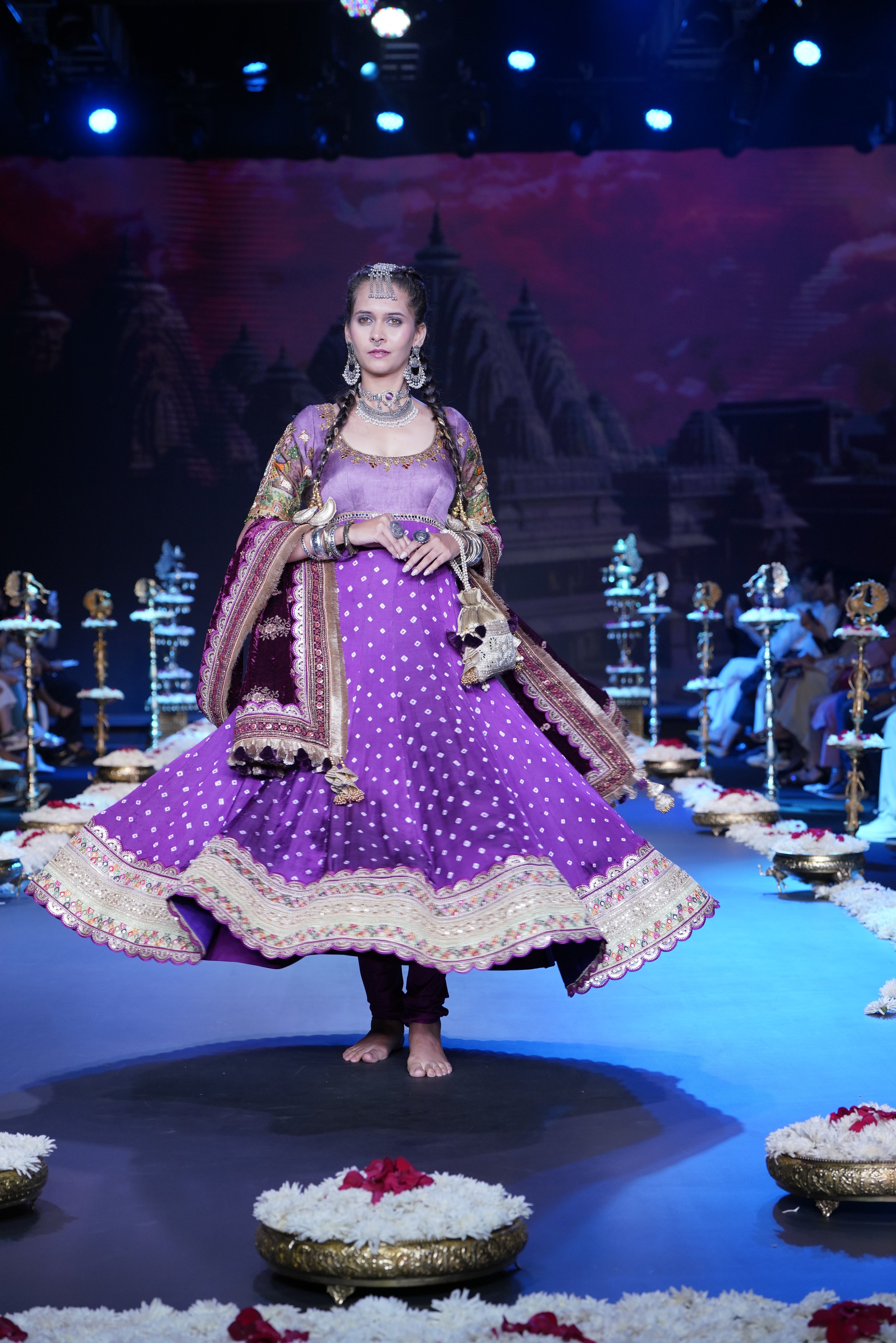 Bandhani Anarkali set with srinathji print on sleeves