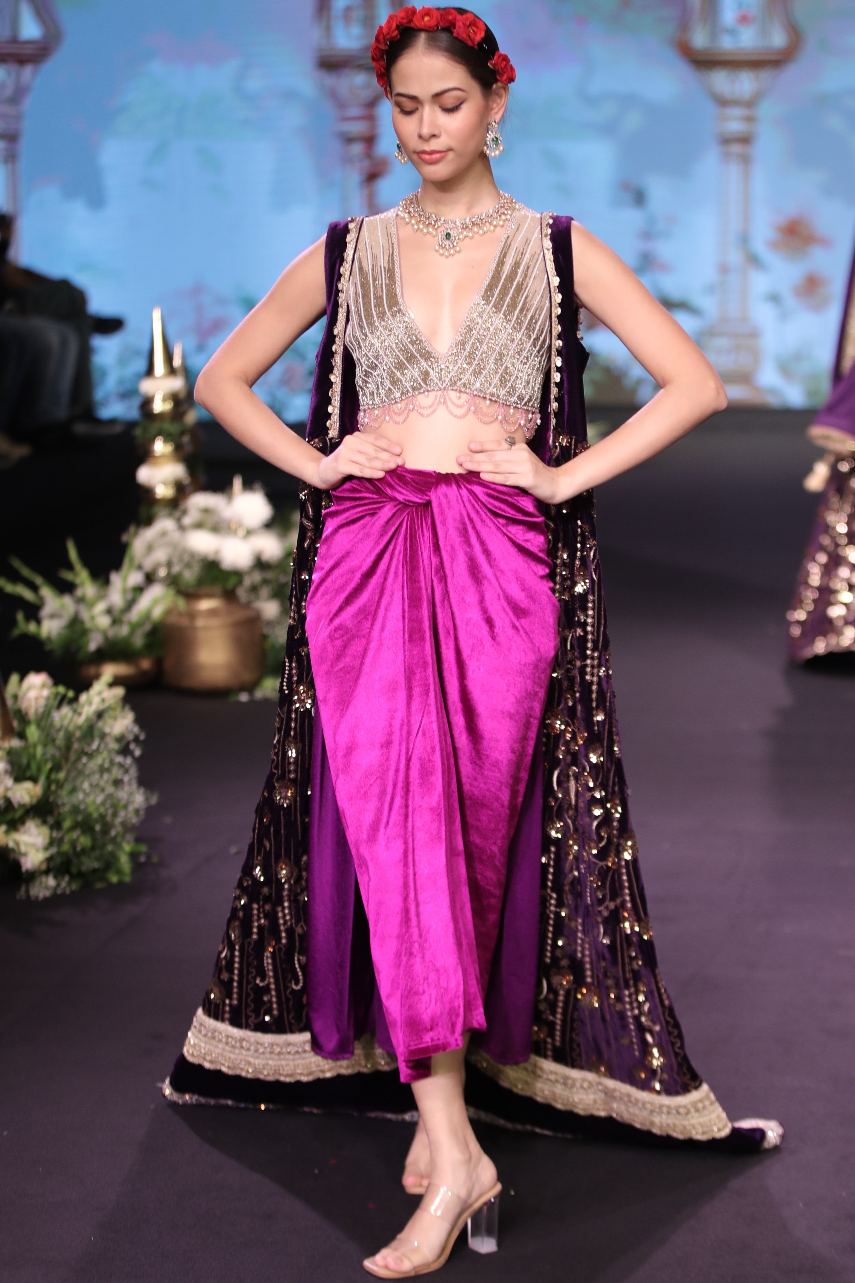 Two toned purple and light gold embroidered three – piece set