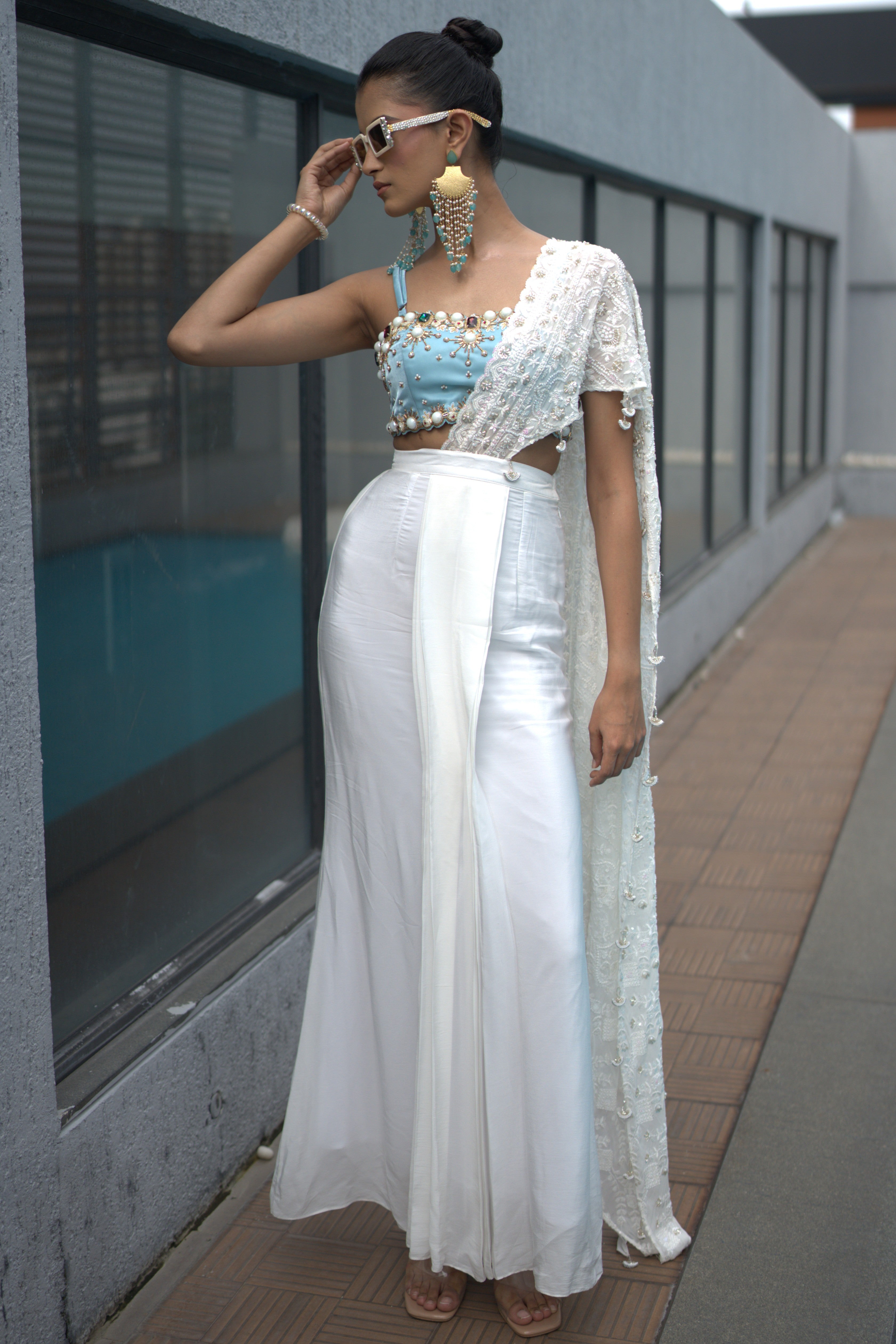 Two toned blue and white embroidered pre drape saree