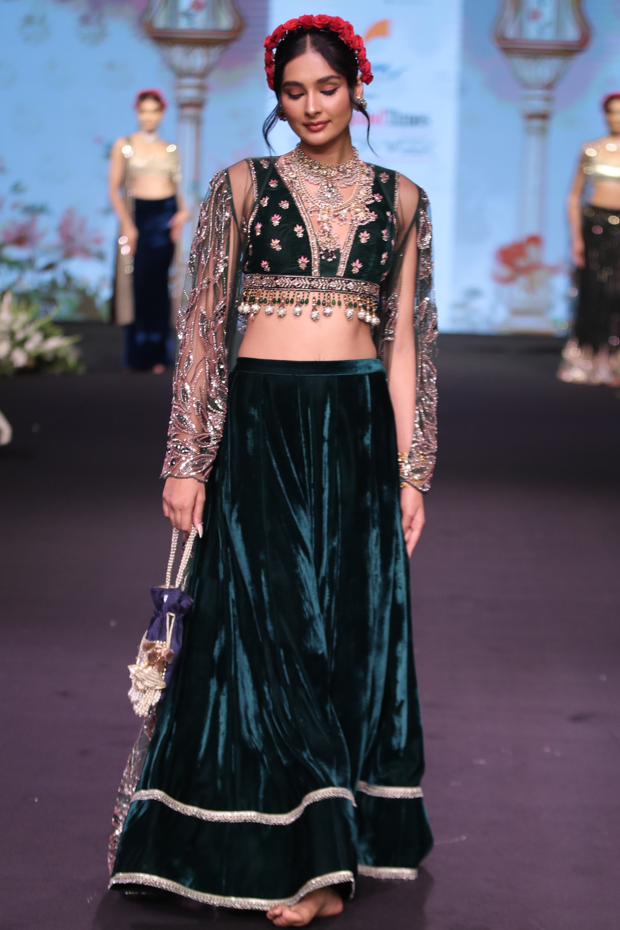 Green velvet embroidered palazzo set with cape