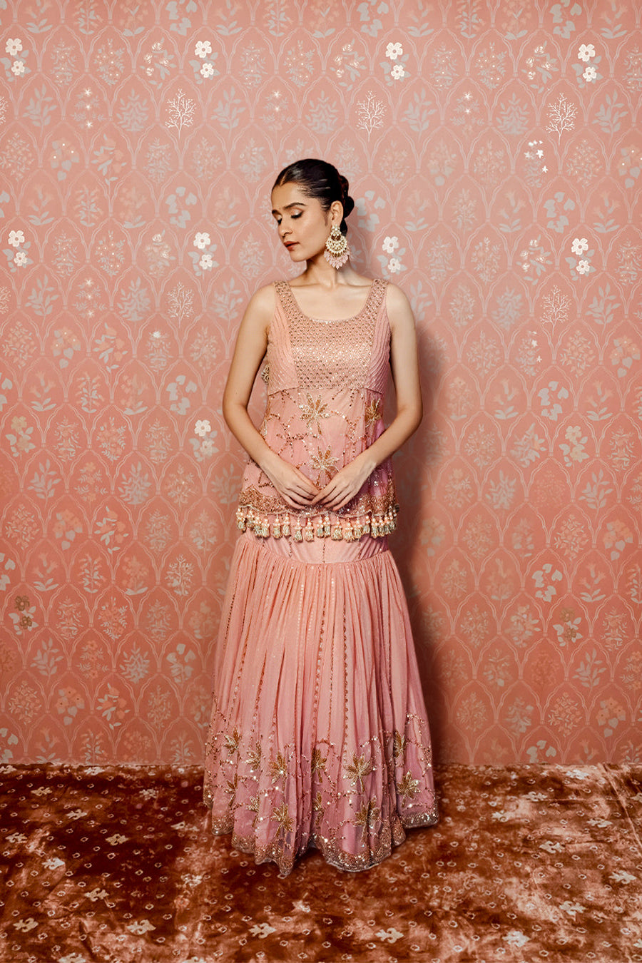 Pink Mandir Embroidered Lehenga Set