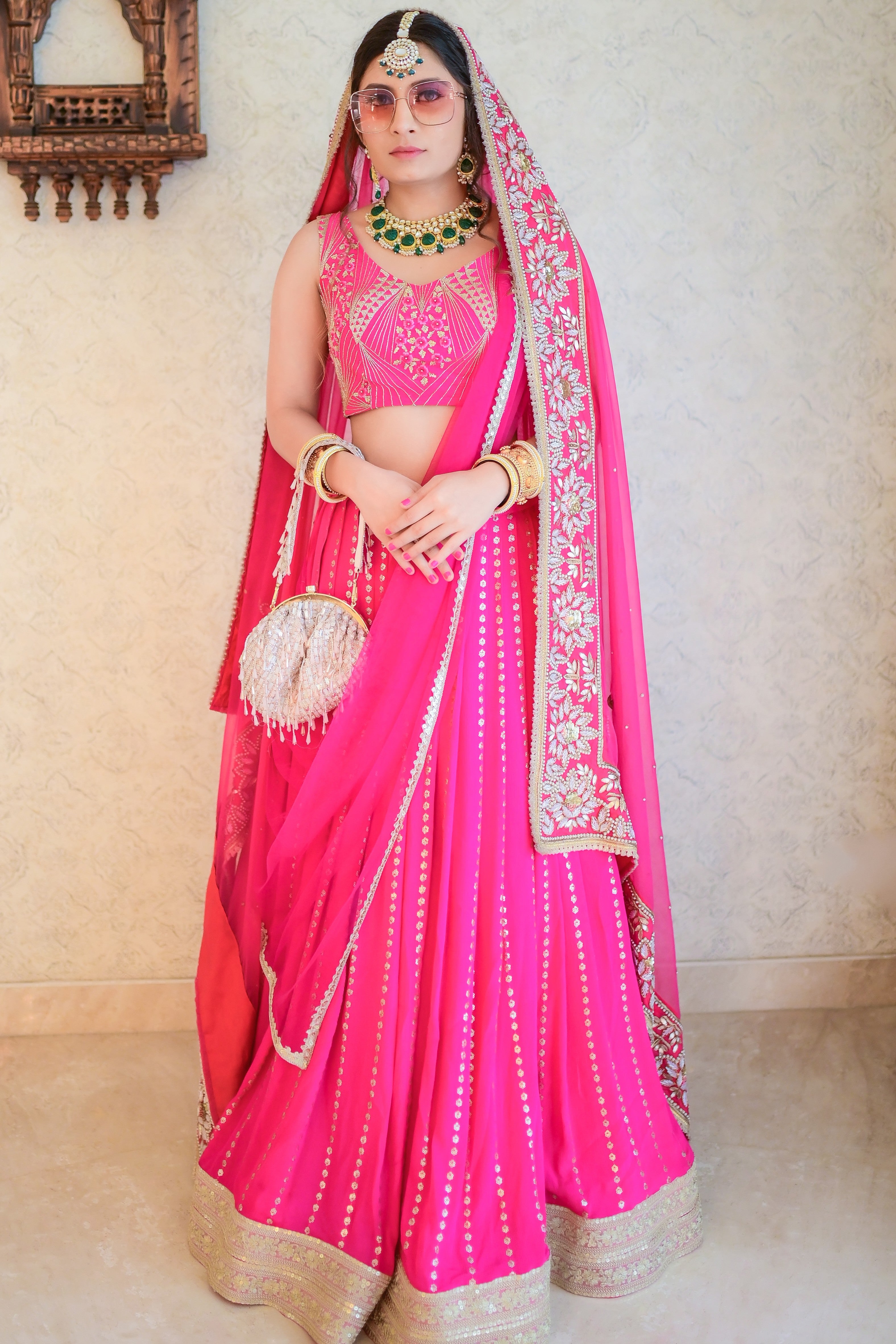 Pink cutdana embroidered lehenga set