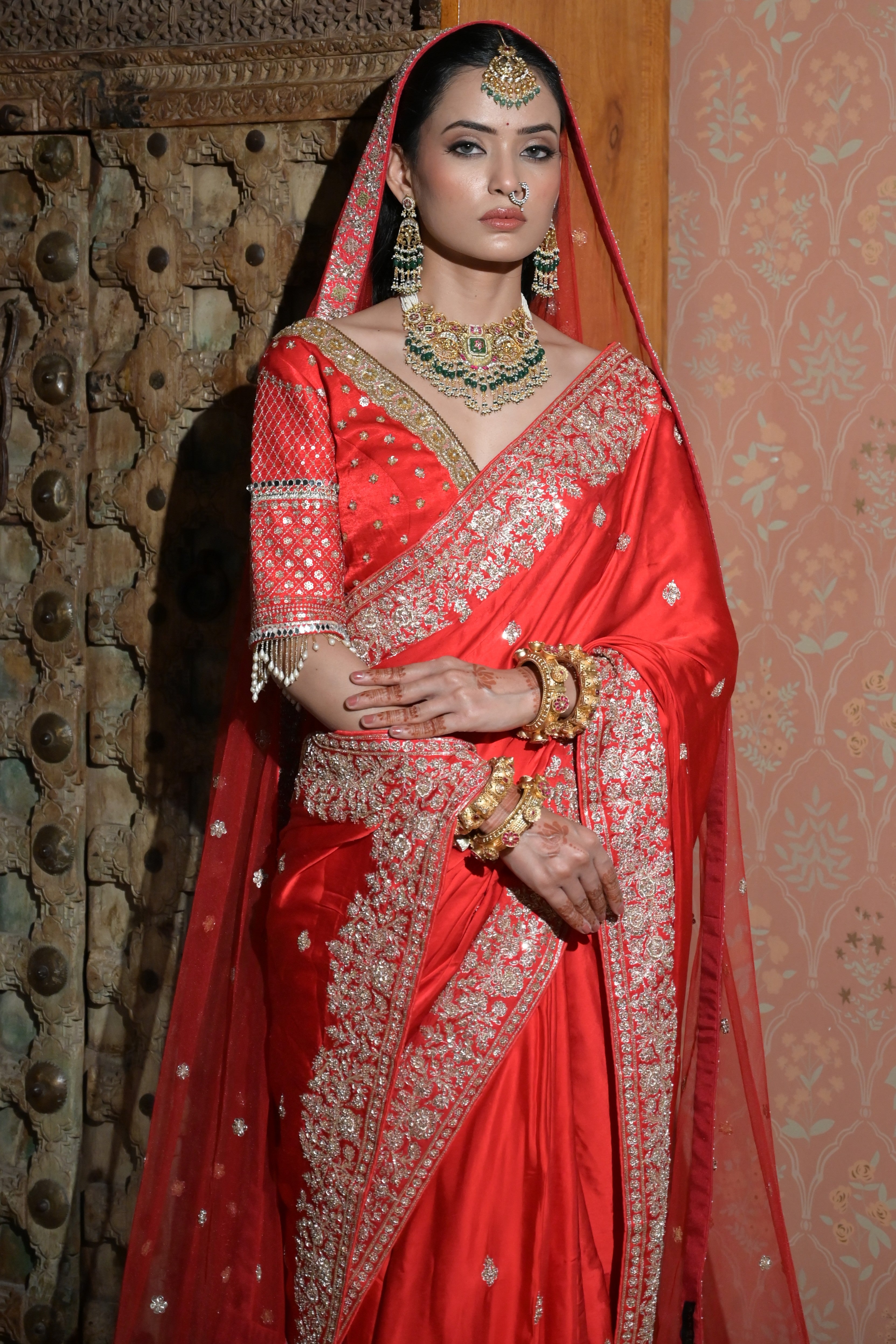 Red embroidered saree