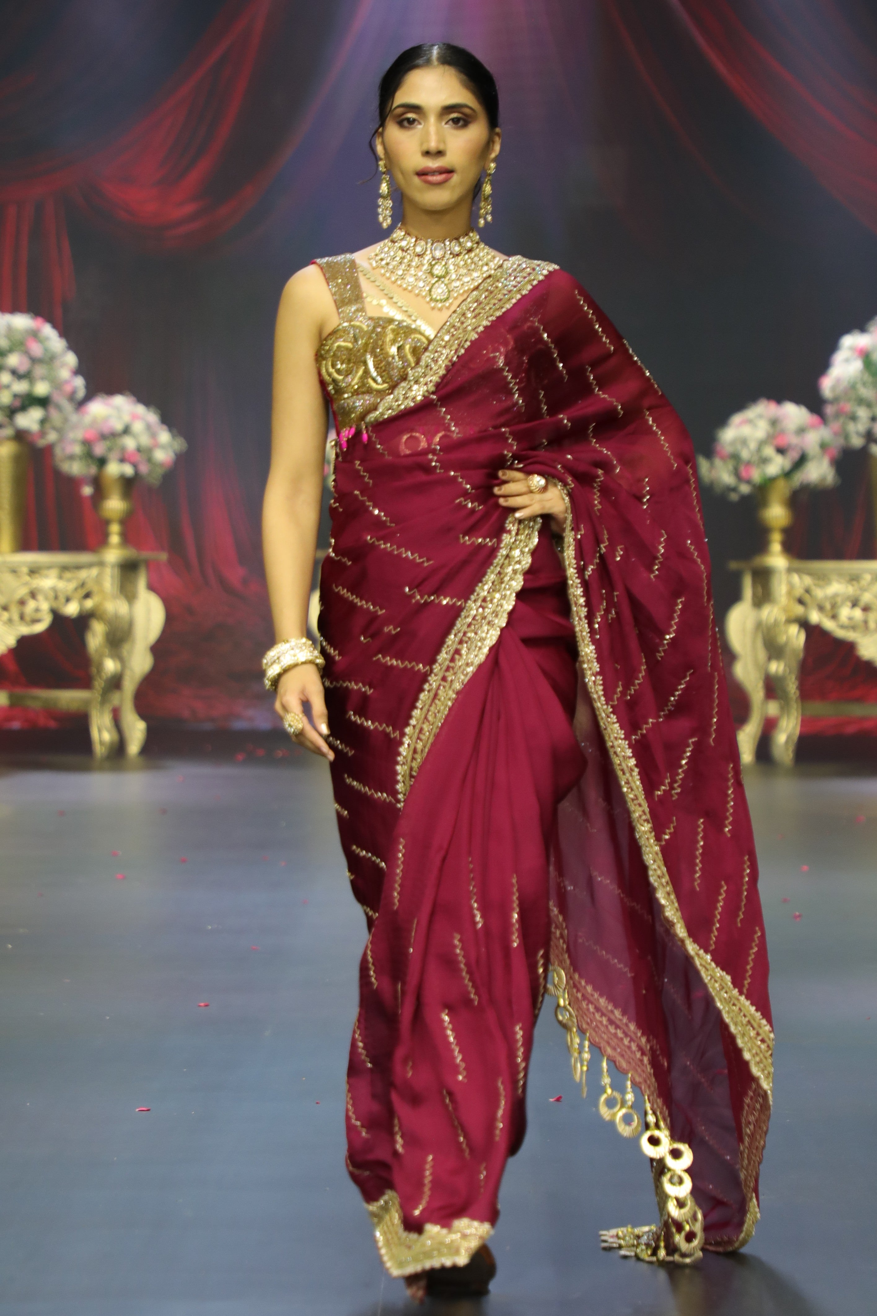 Magenta embroidered saree