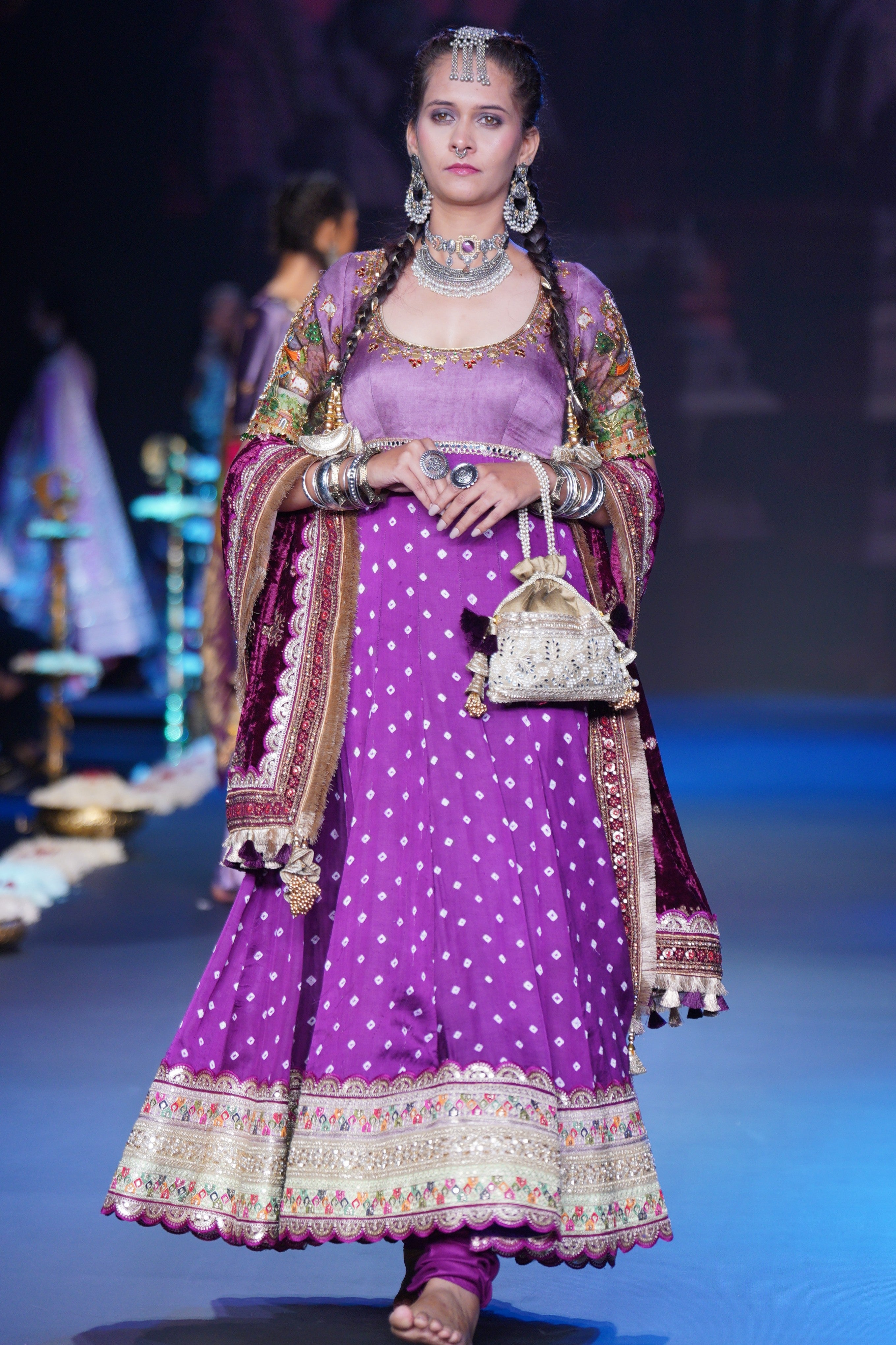Bandhani Anarkali set with srinathji print on sleeves