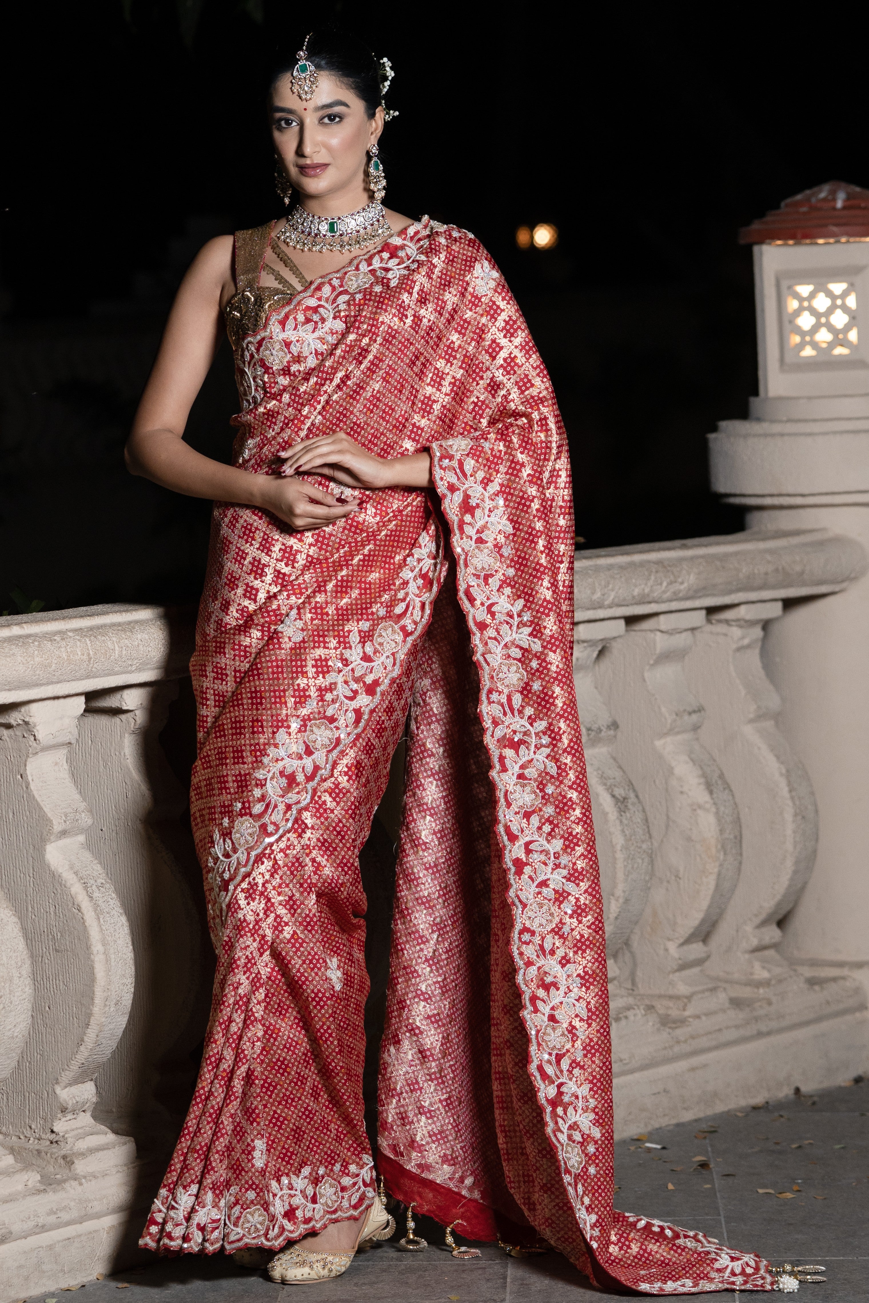 Red bandhani embroidered saree