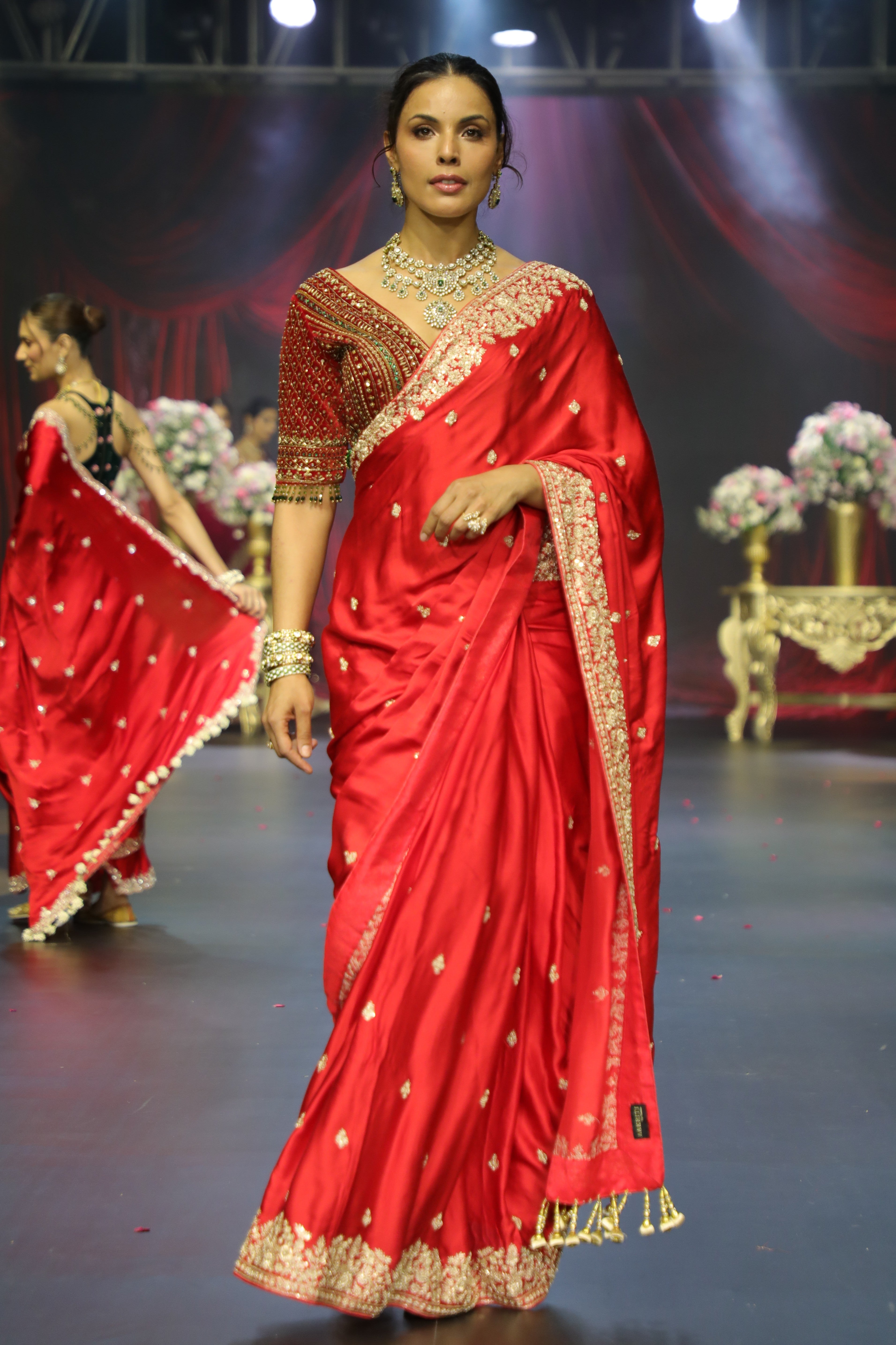 Red embroidered saree