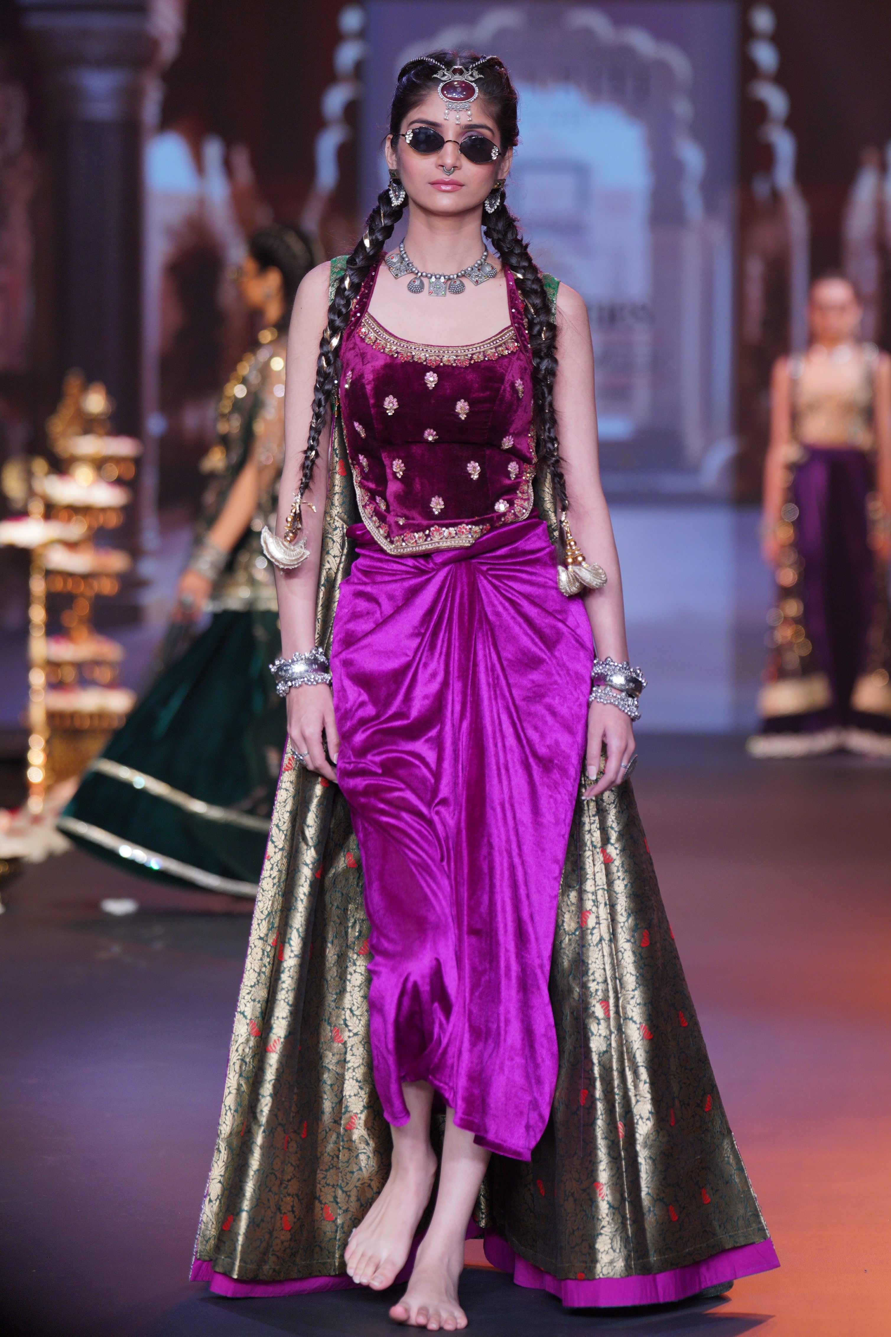 Purple embroidered with Srinathji print three- piece set