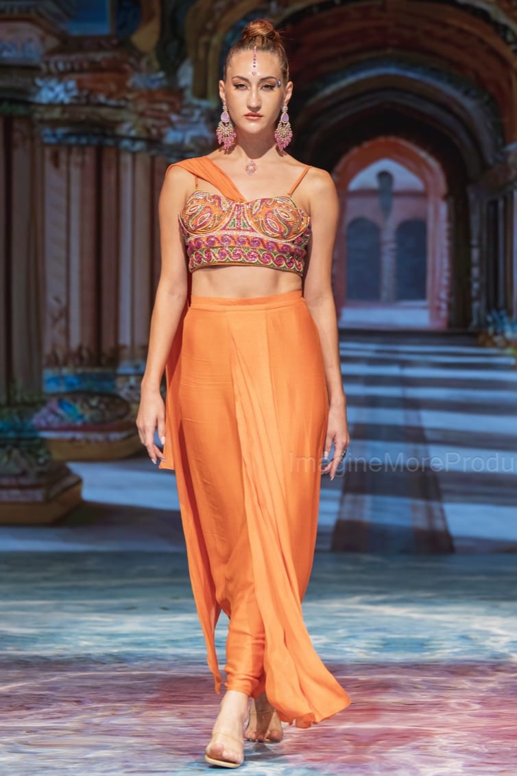 Orange embroidered drape saree