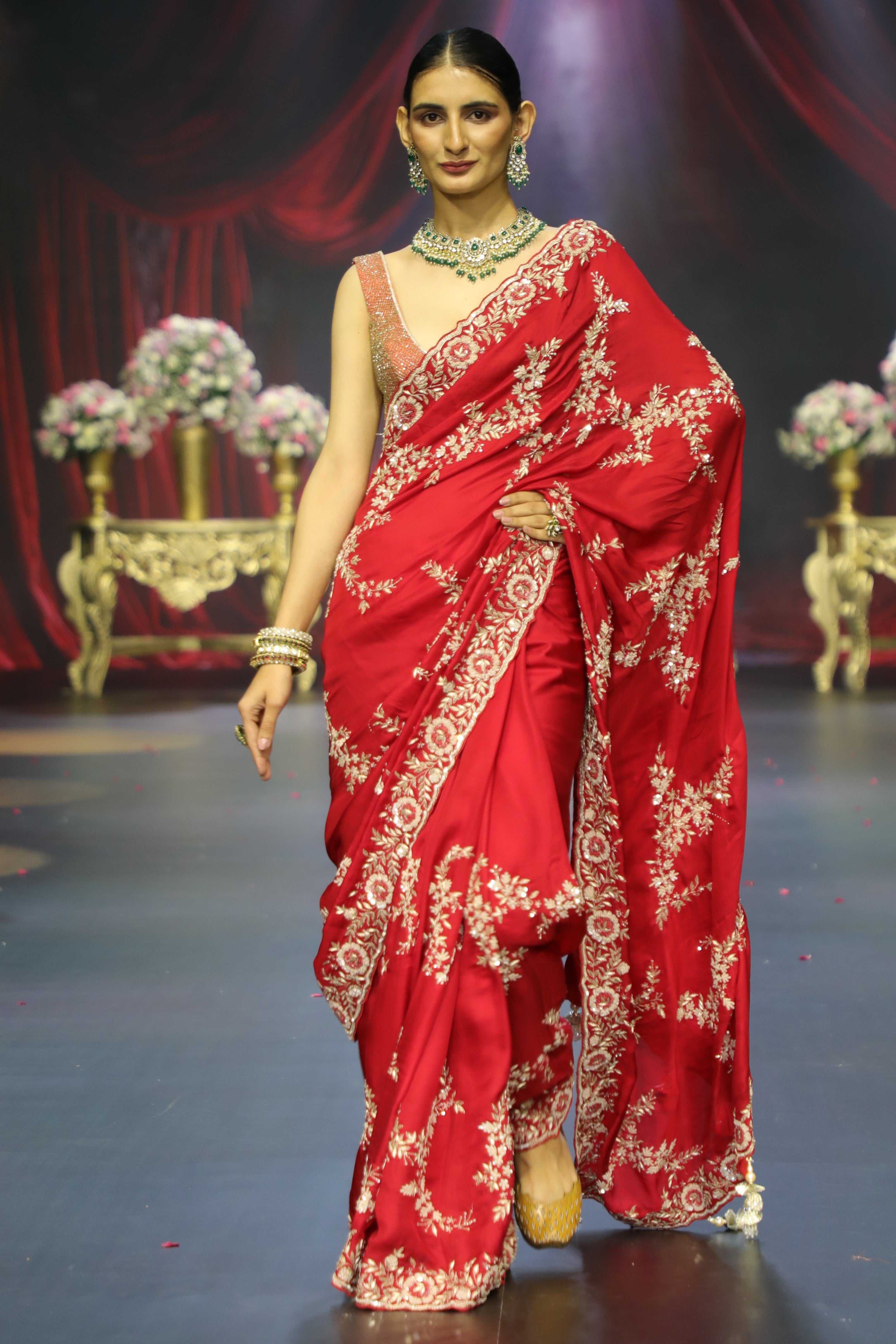 Red zardozi and cutdana work saree