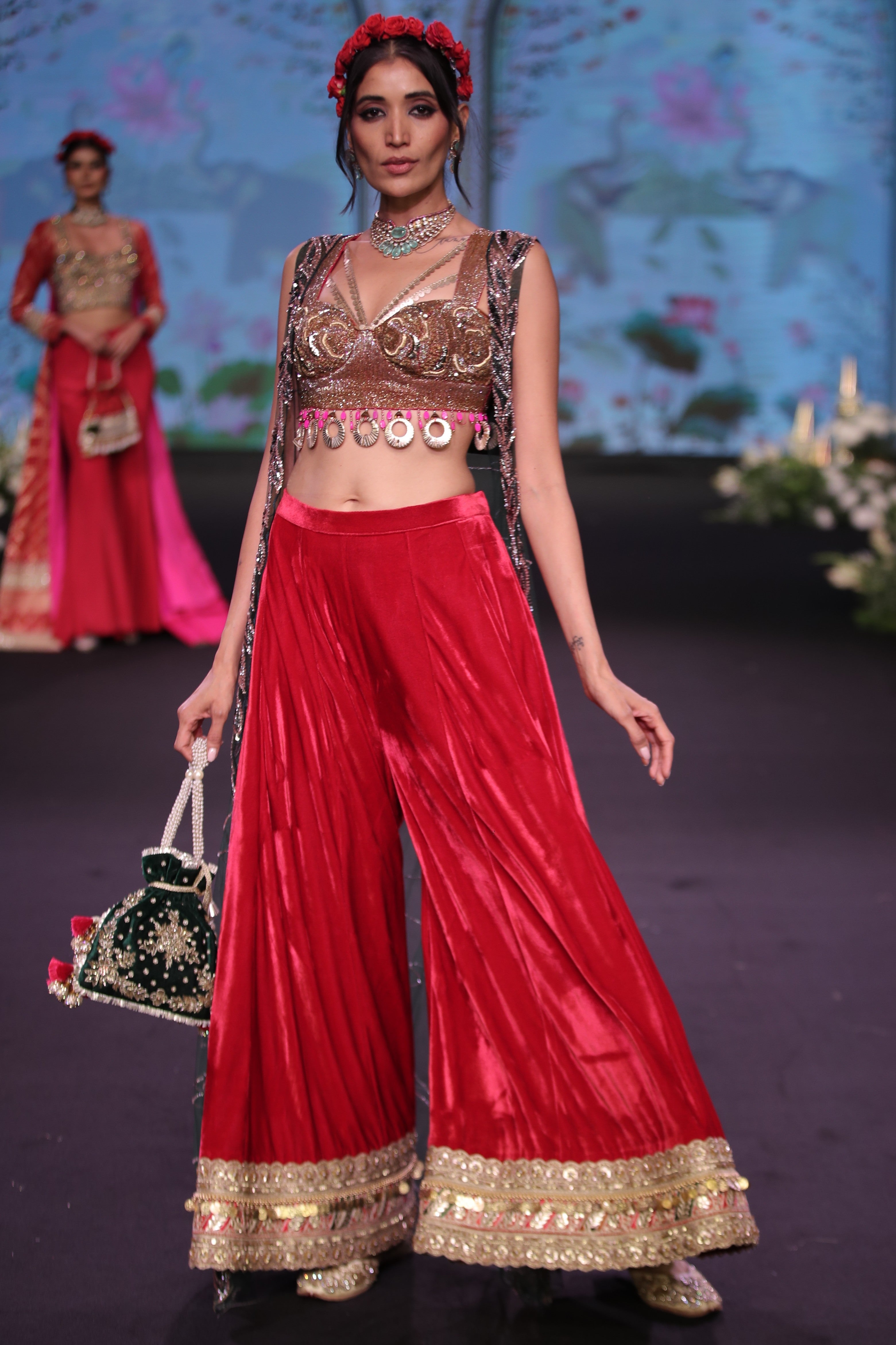 Red palazzo set and cape with jaganath embroidered print