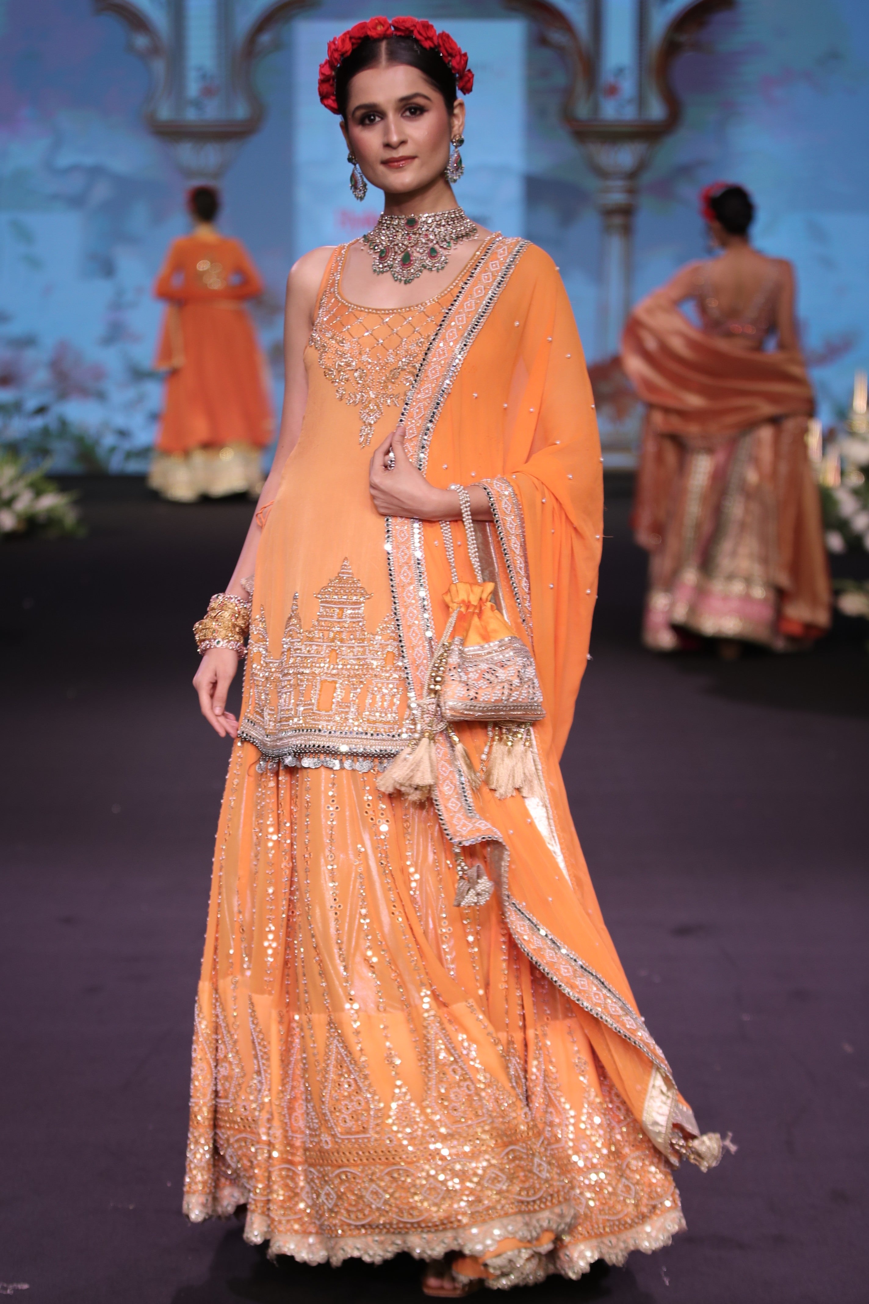 Orange ram mandir inspired embroidered lehenga set