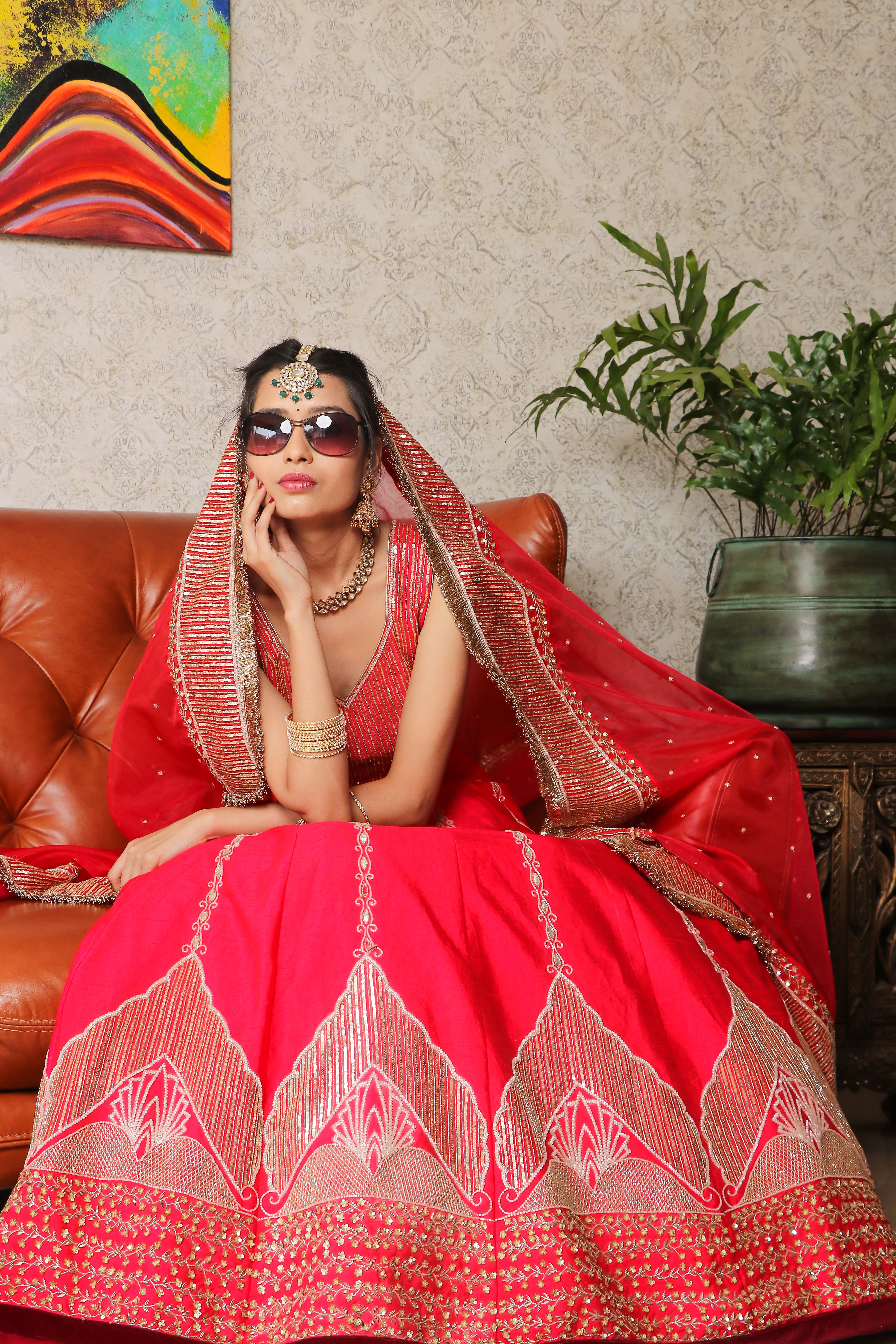 Red cutdana raw silk lehenga set