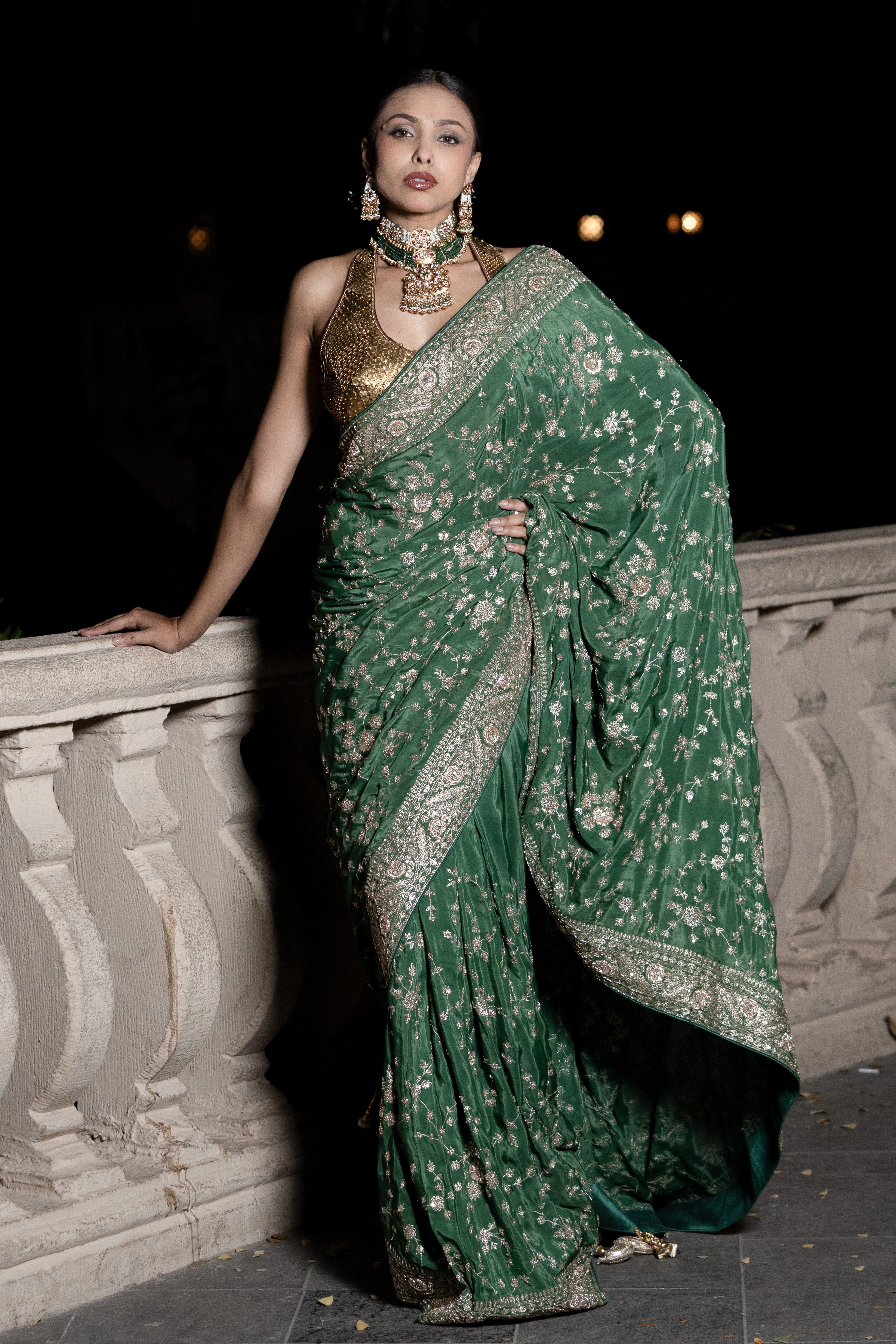 Green embroidered saree