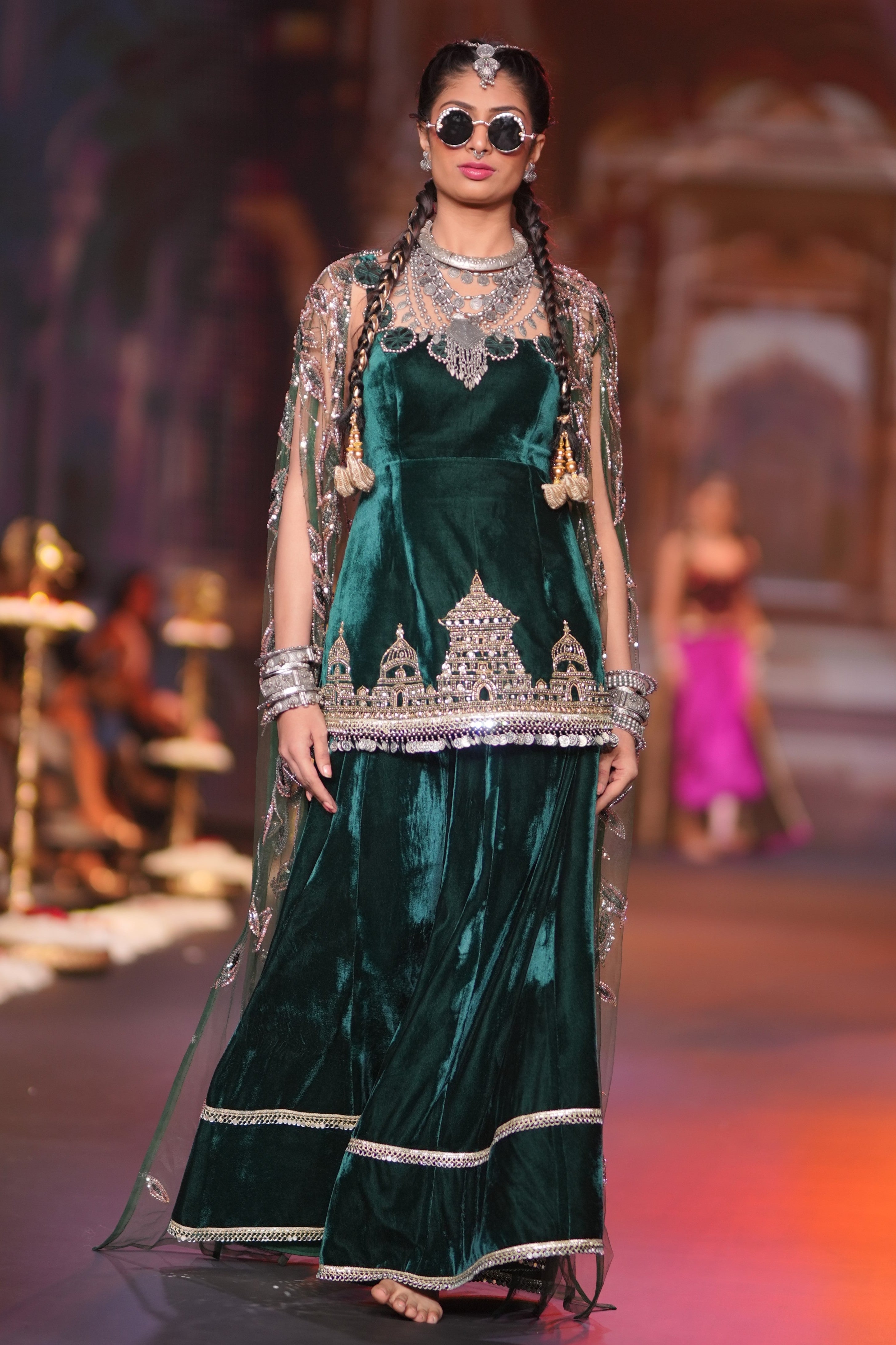 Ram mandir inspired green palazzo set with cape