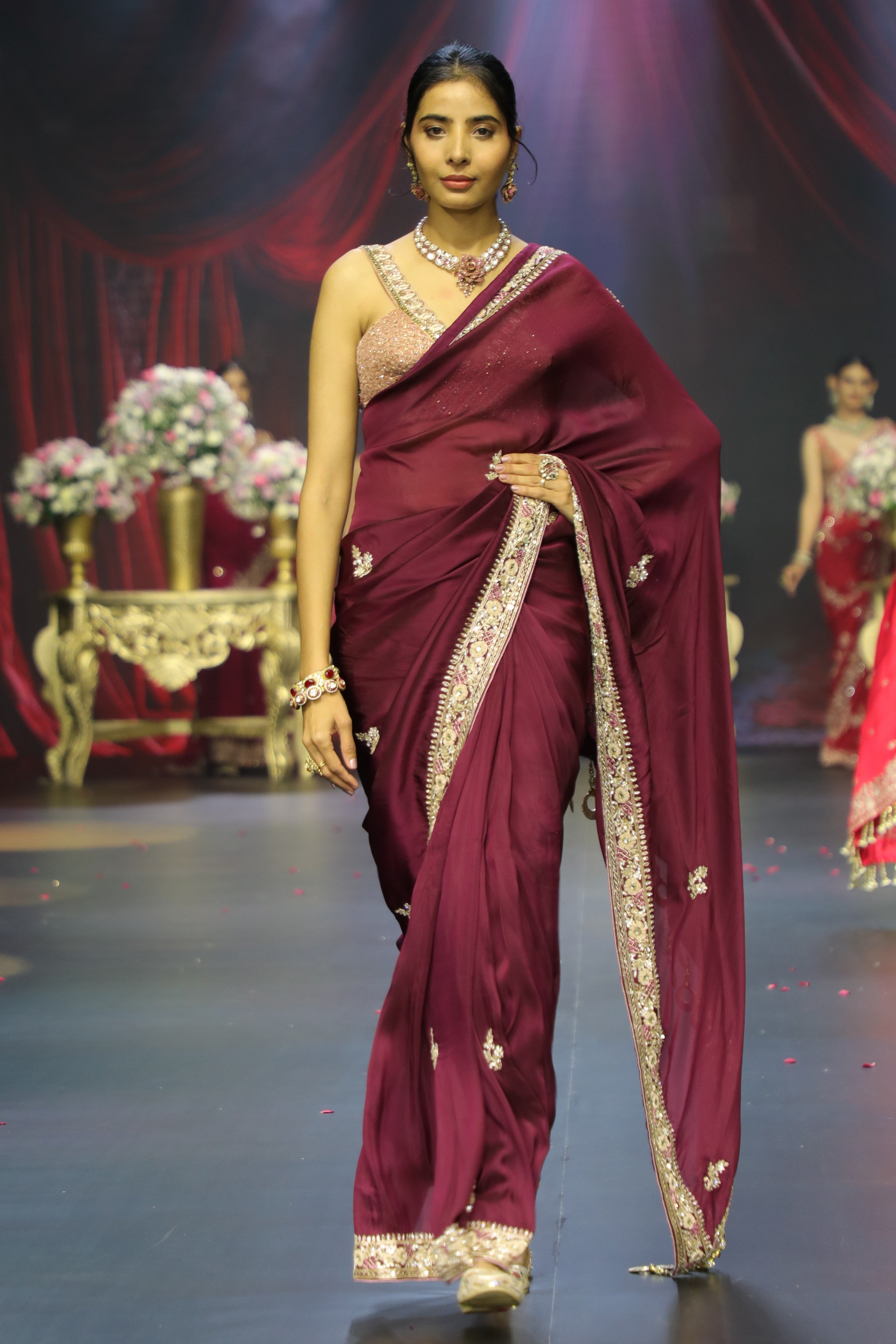 Deep magenta embroidered saree