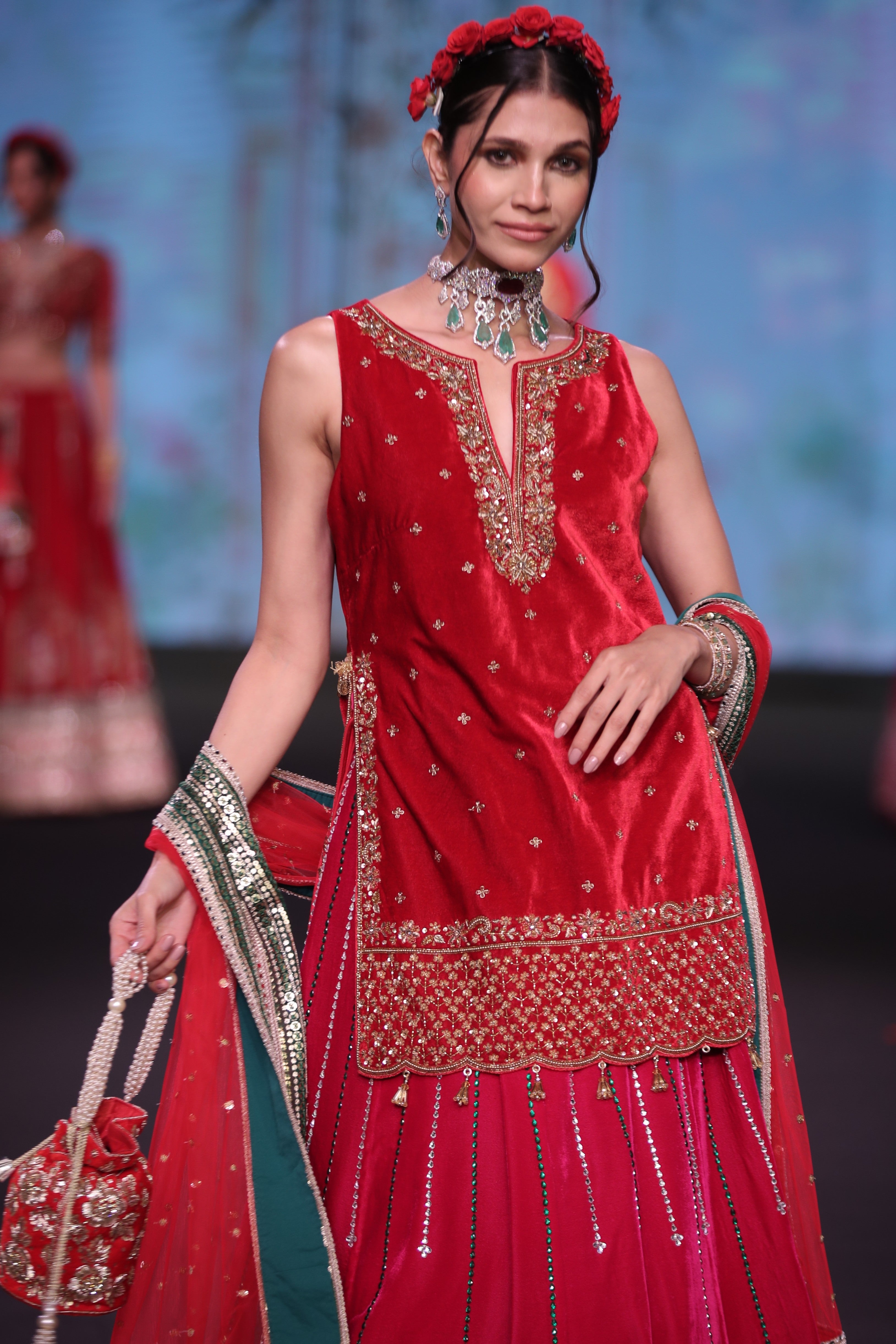 Dual tone red and pink applique work lehenga set