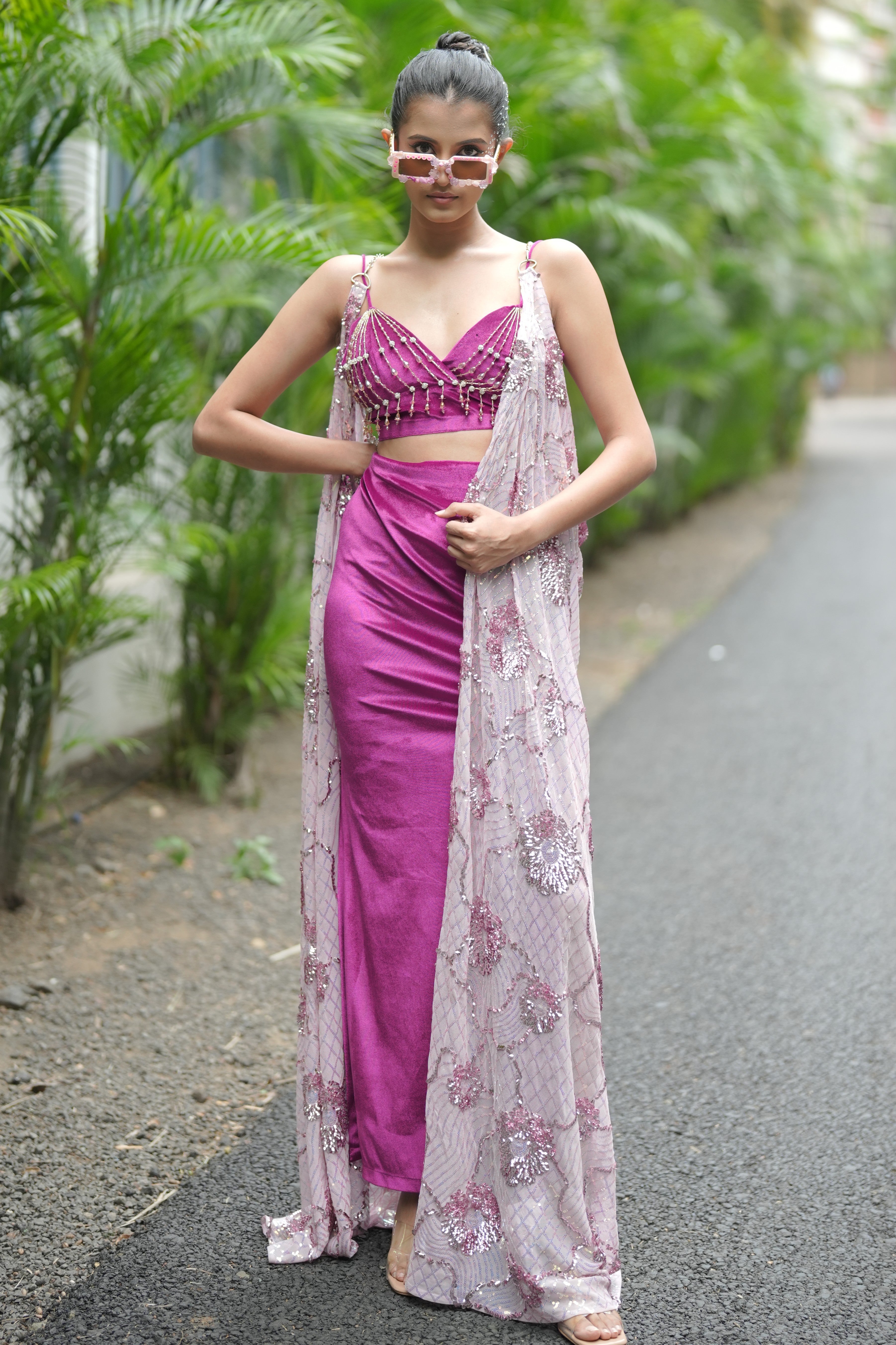 Purple embroidered set with cape