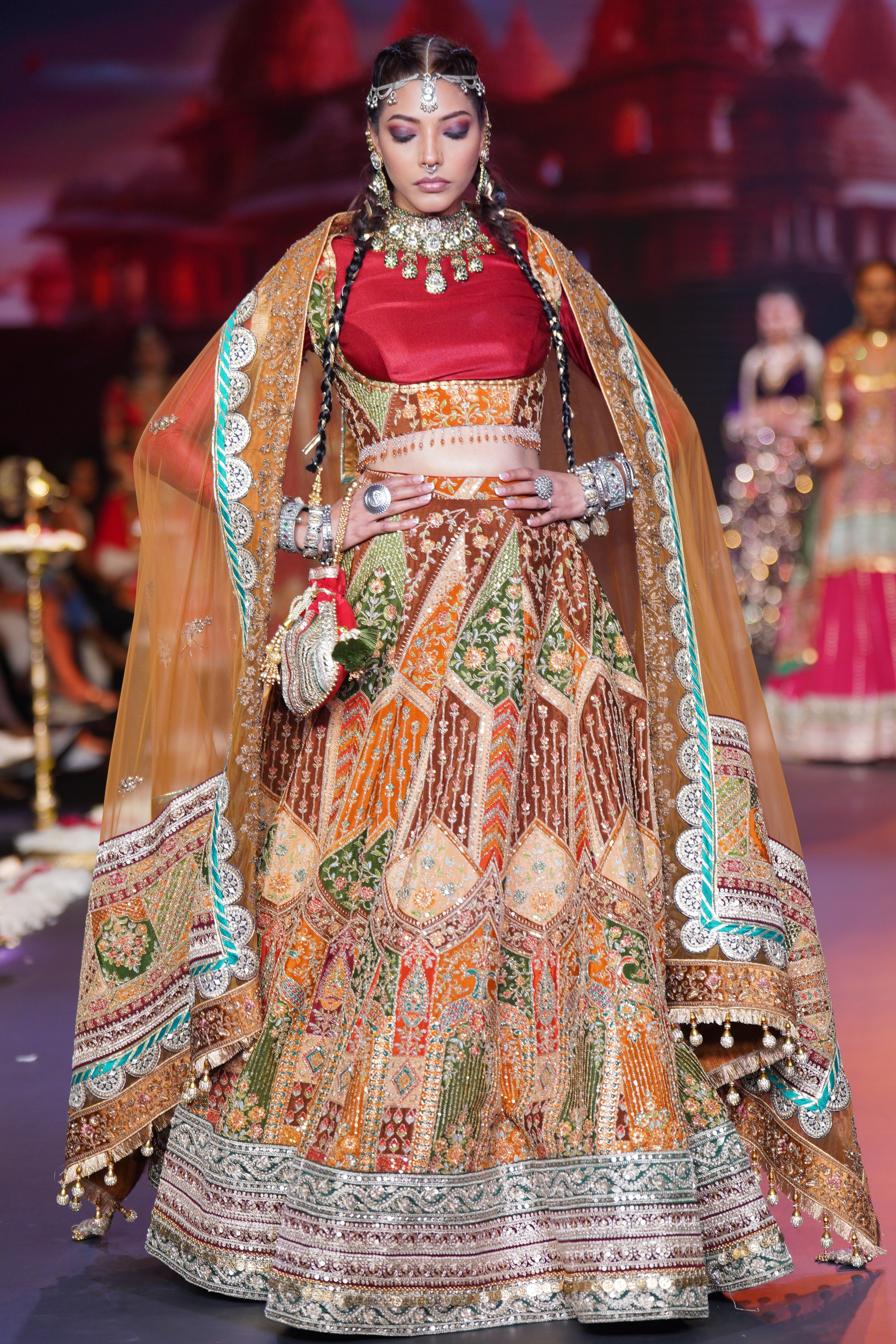 Dual tone red and multi color embroidered lehenga set