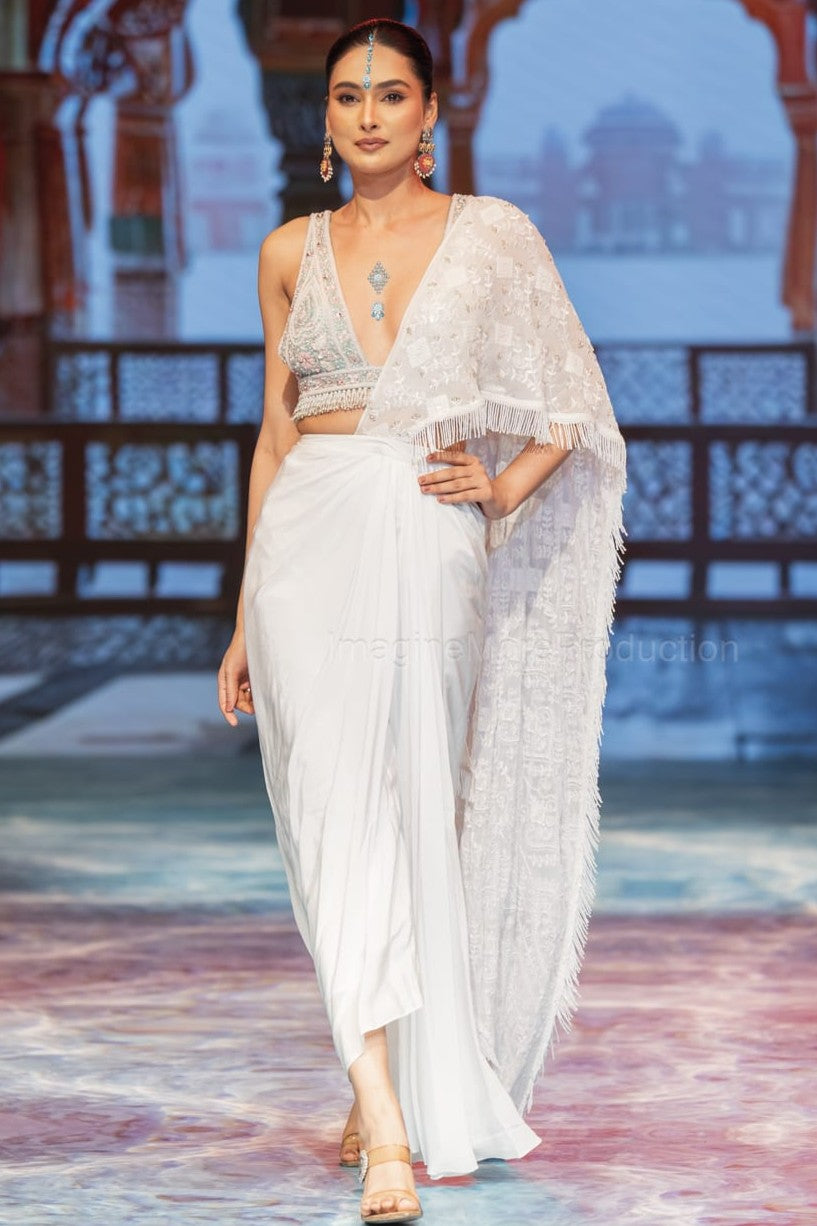 White embroidered pre drape saree