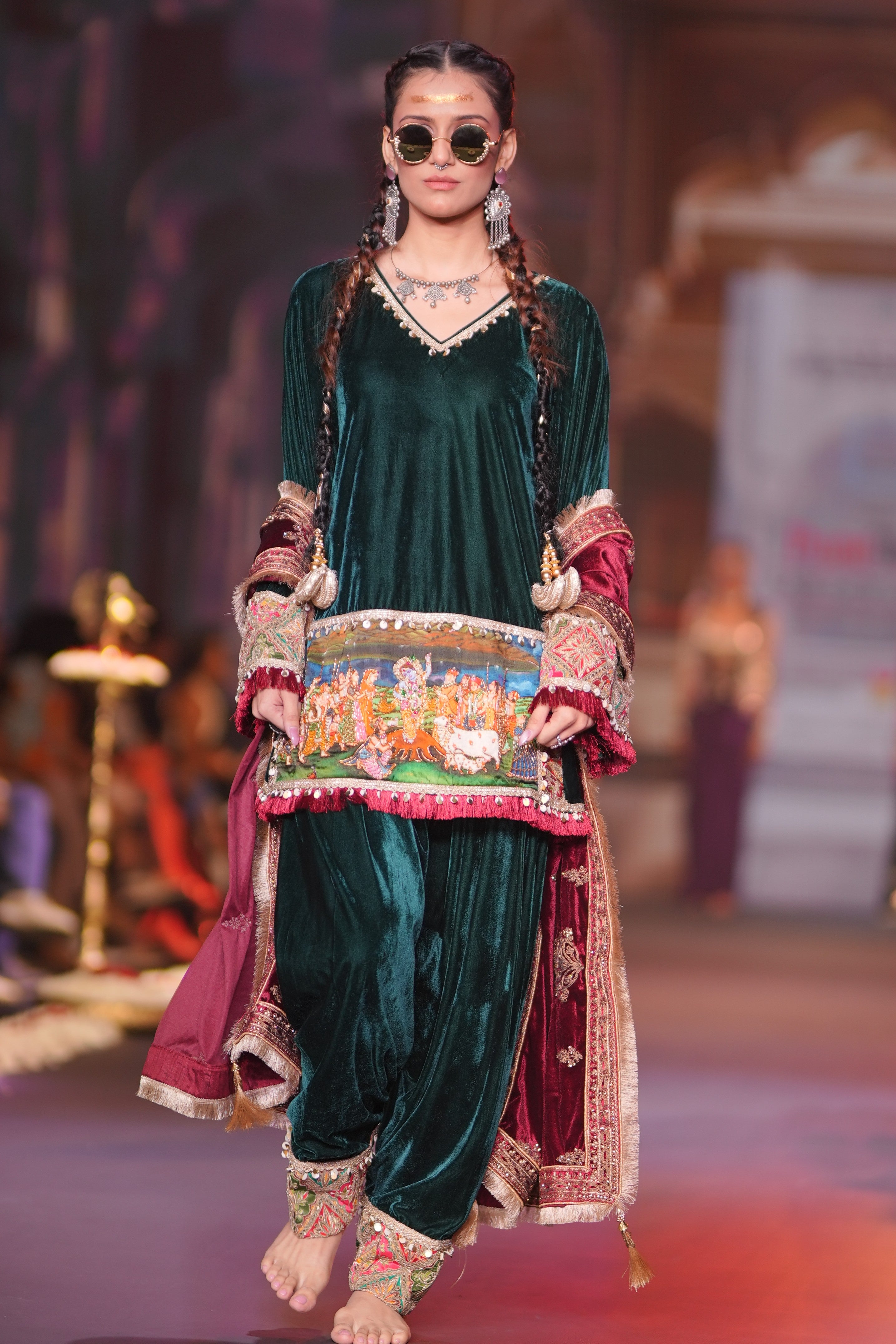Green kurta with Krishna print embroidered set
